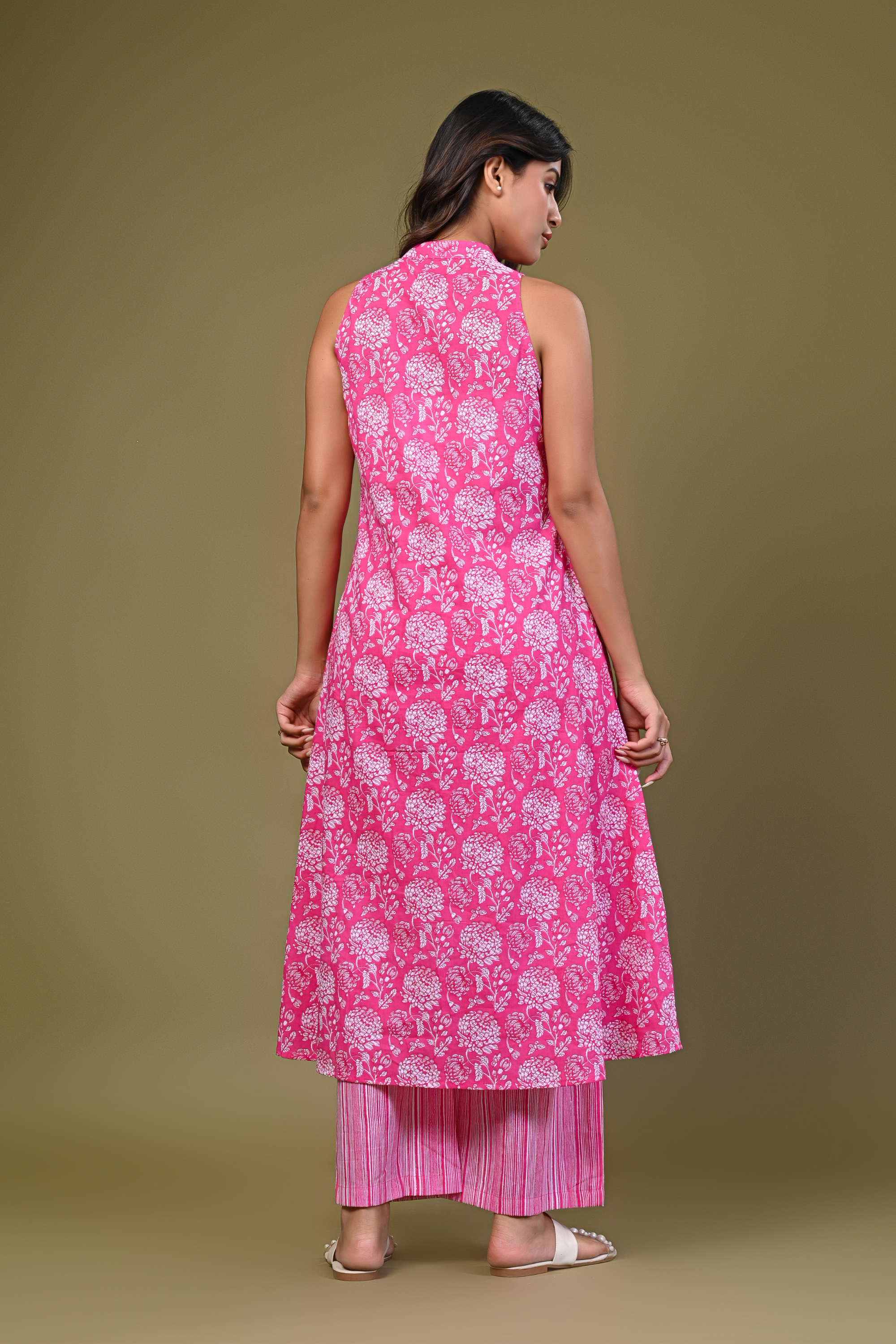 Pink Sleeveless Kurta with Printed Palazzo Set