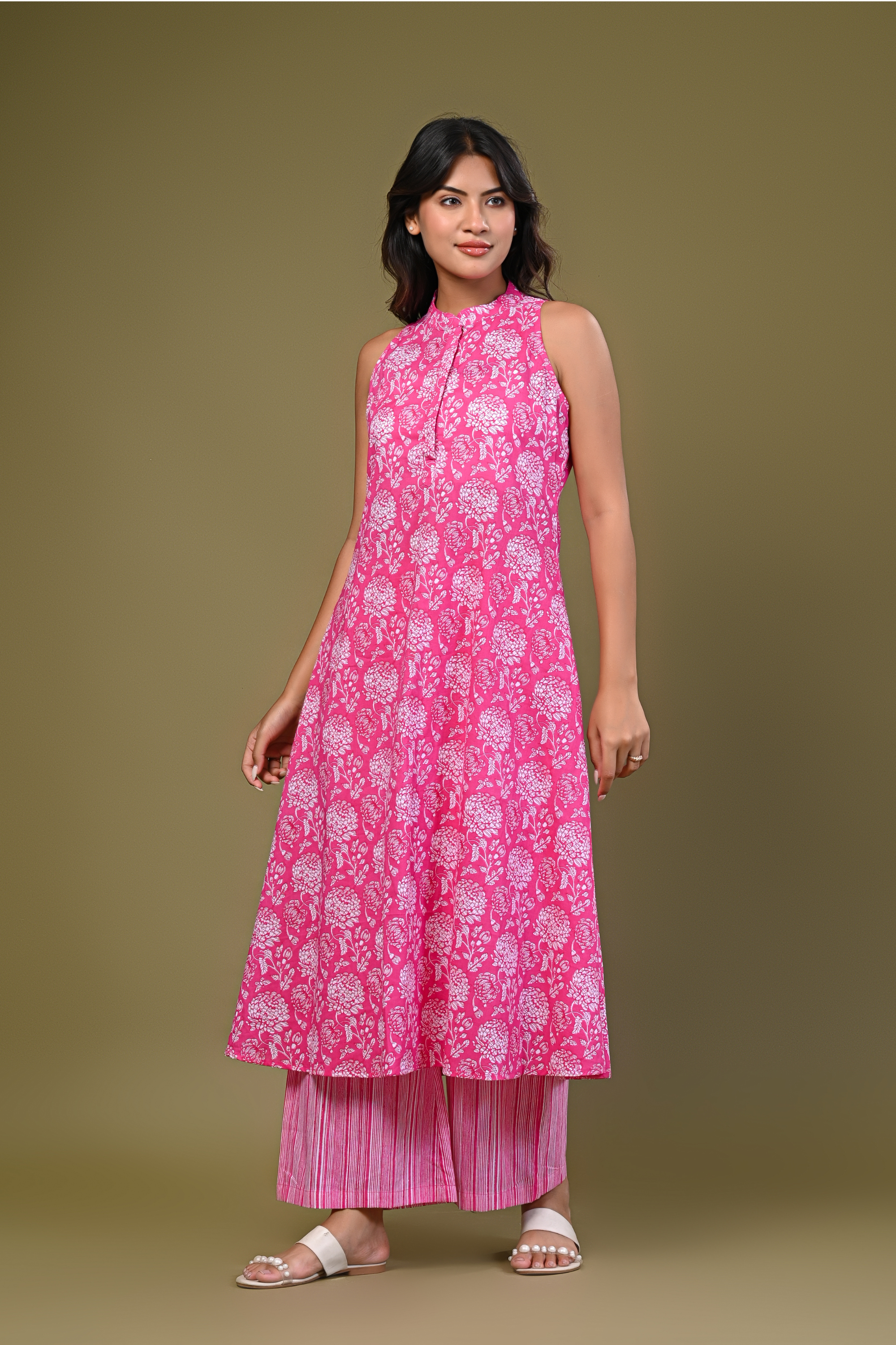 Pink Sleeveless Kurta with Printed Palazzo Set