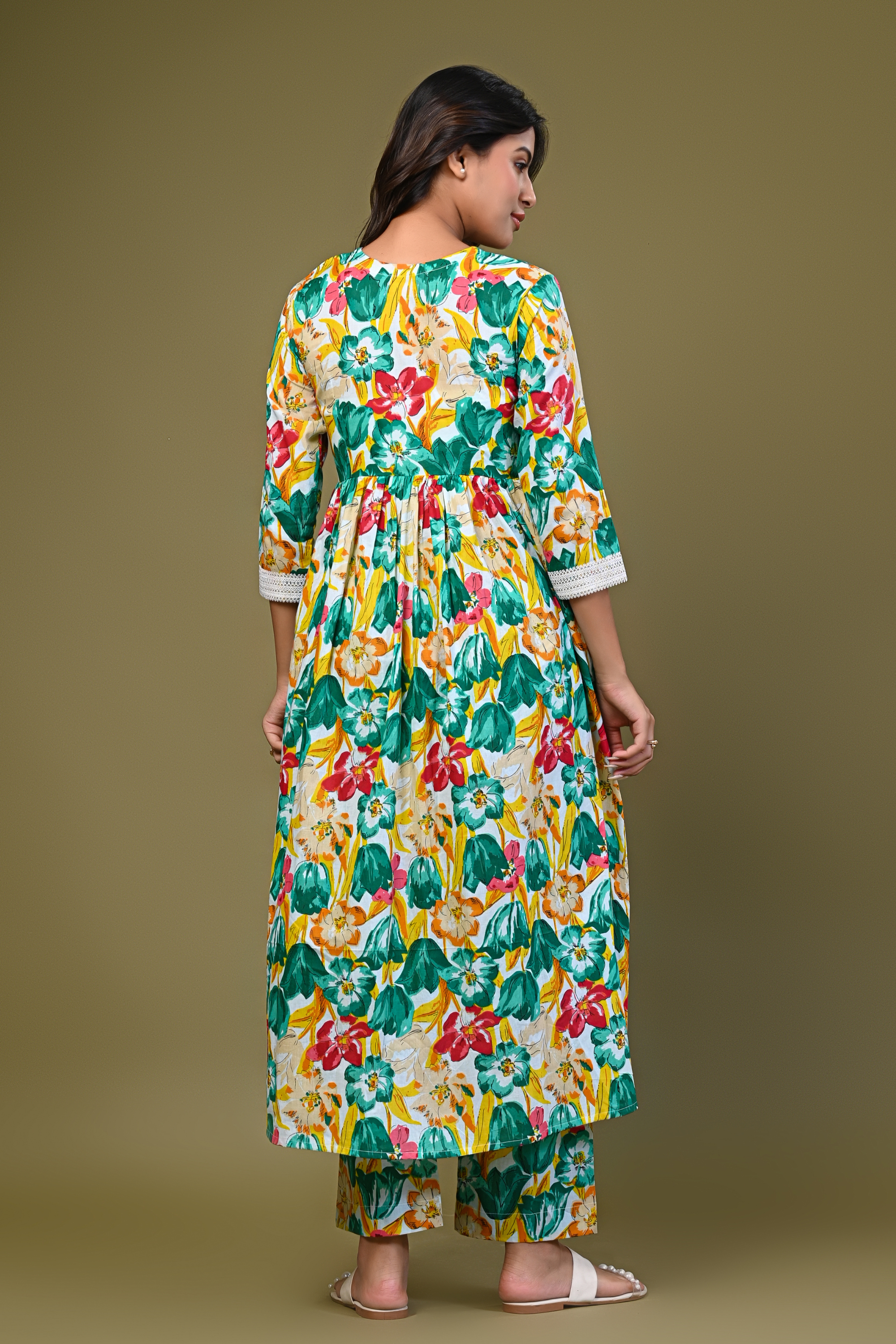 Women's Floral Printed A-Line Kurta Set with Lace Detailing