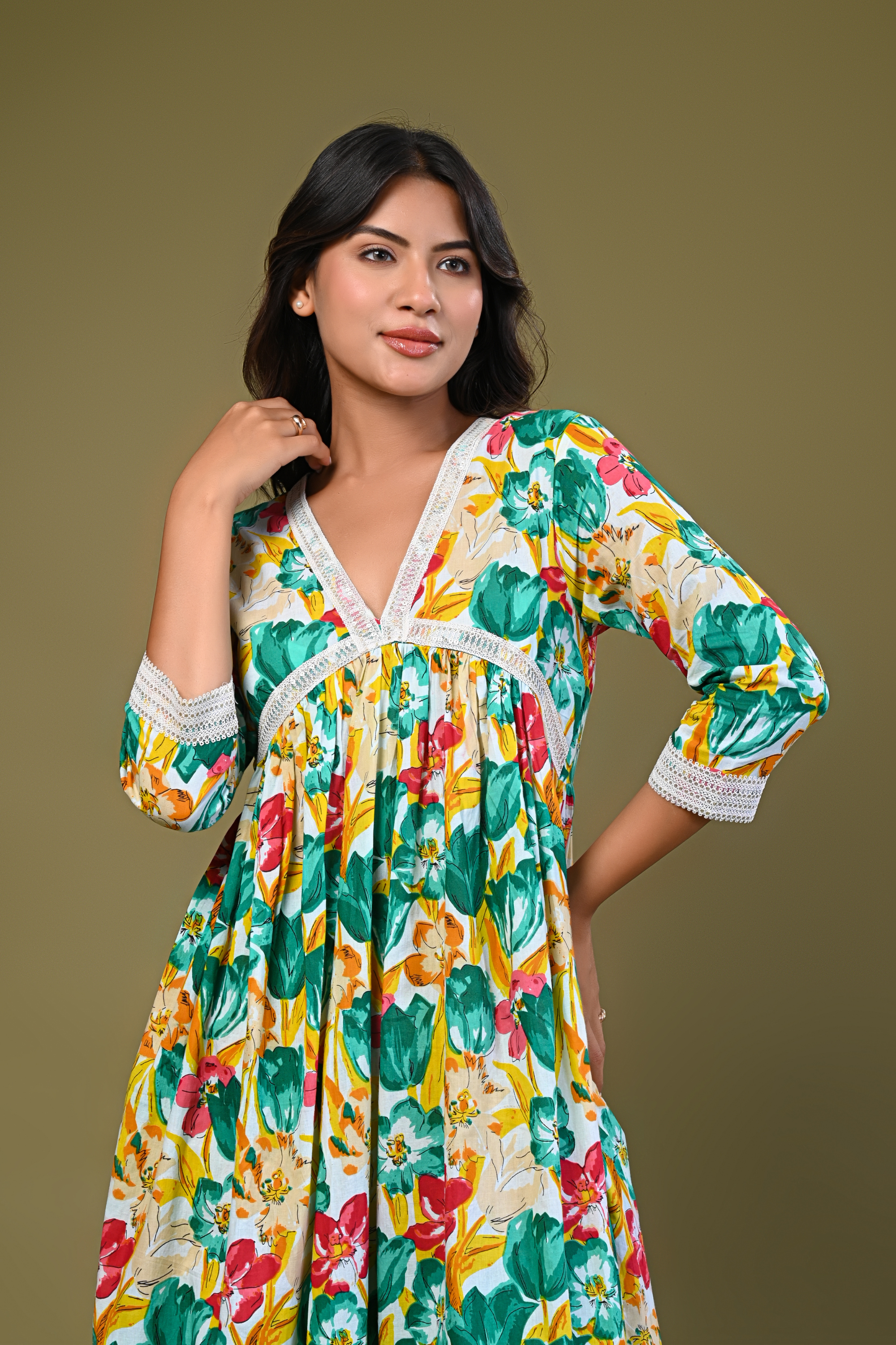 Women's Floral Printed A-Line Kurta Set with Lace Detailing