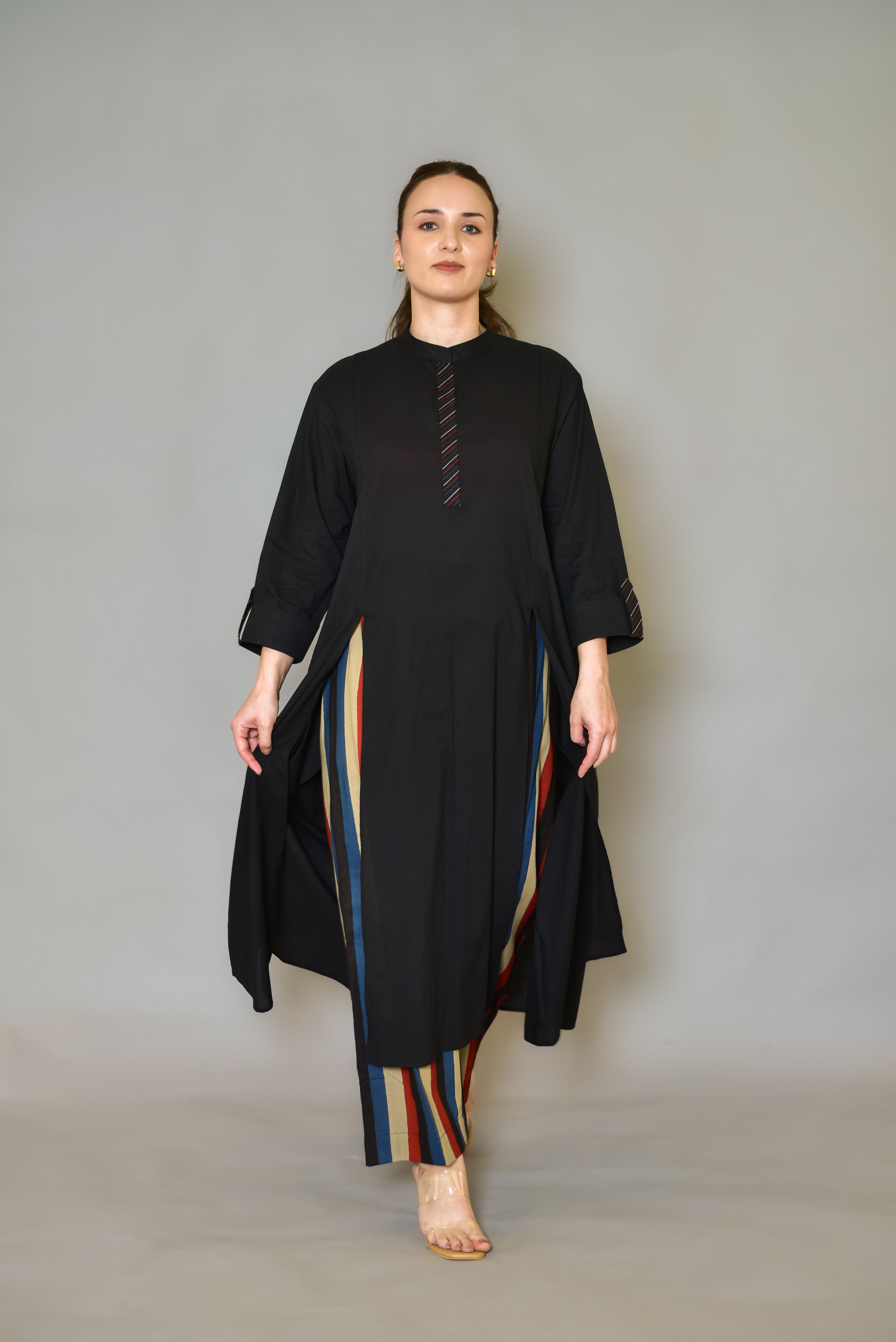 Solid Black Kurta and Stripe Pant Set