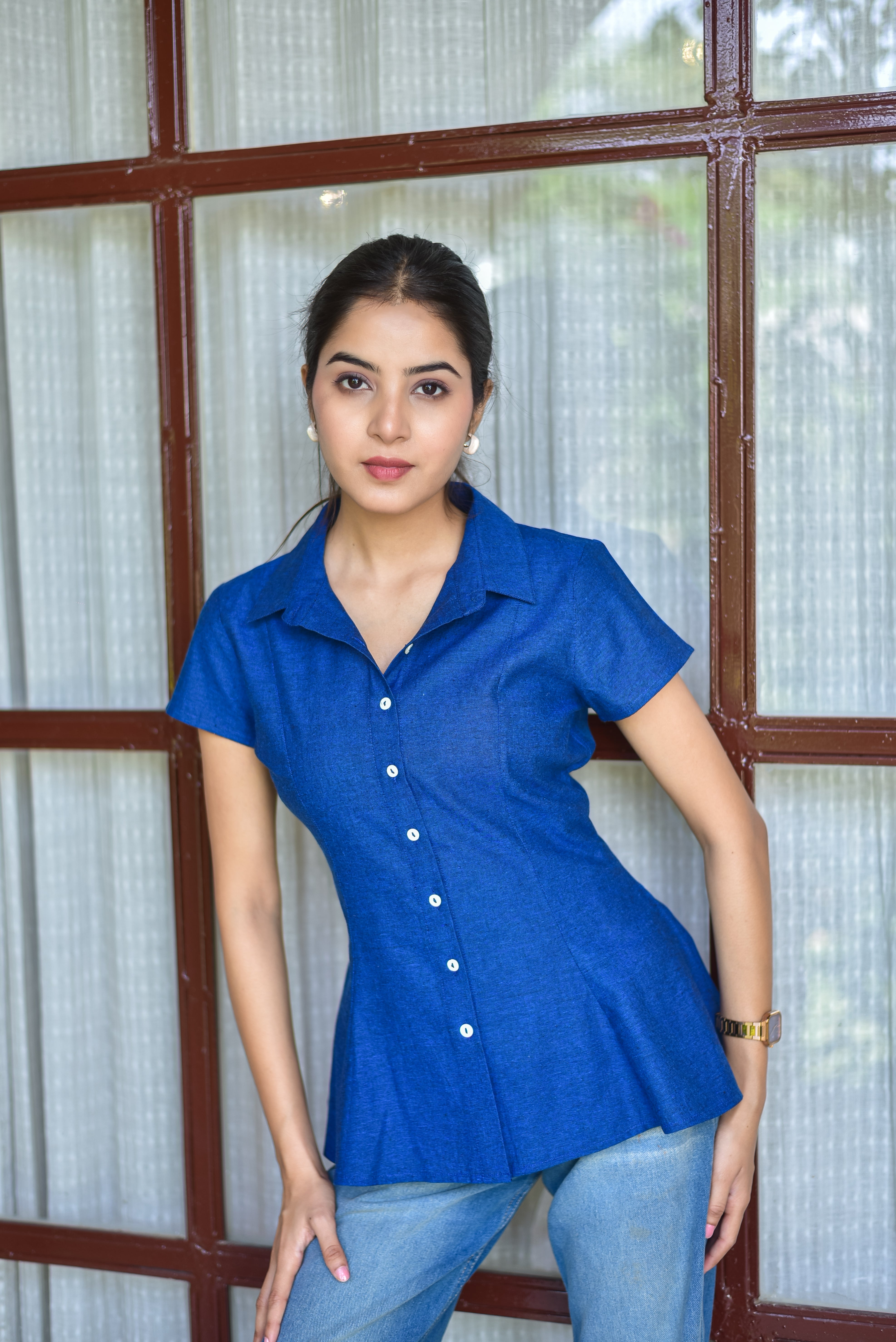 Blue Fitted Flared Shirt Top