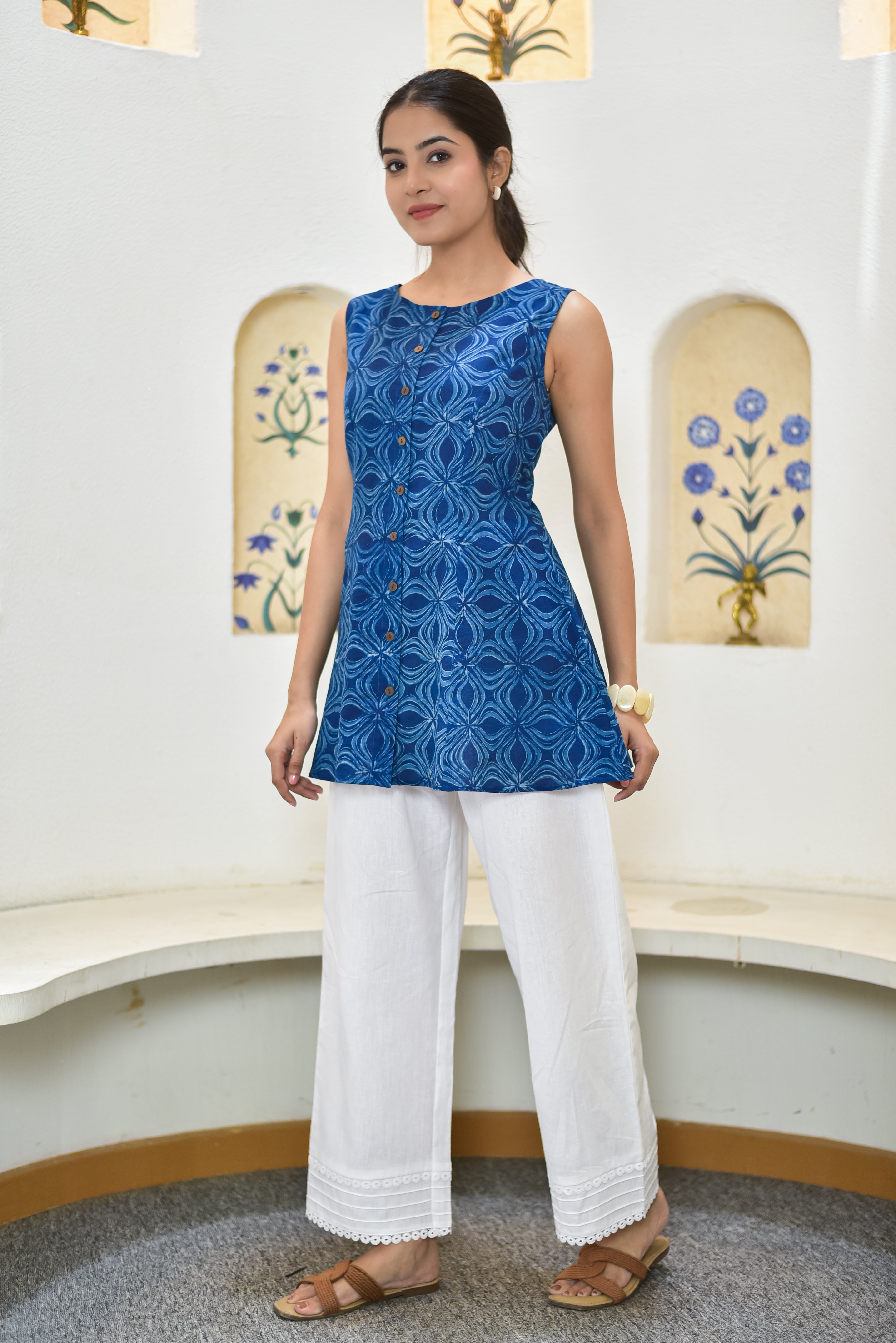 Indigo Block Print A-Line Tunic Top