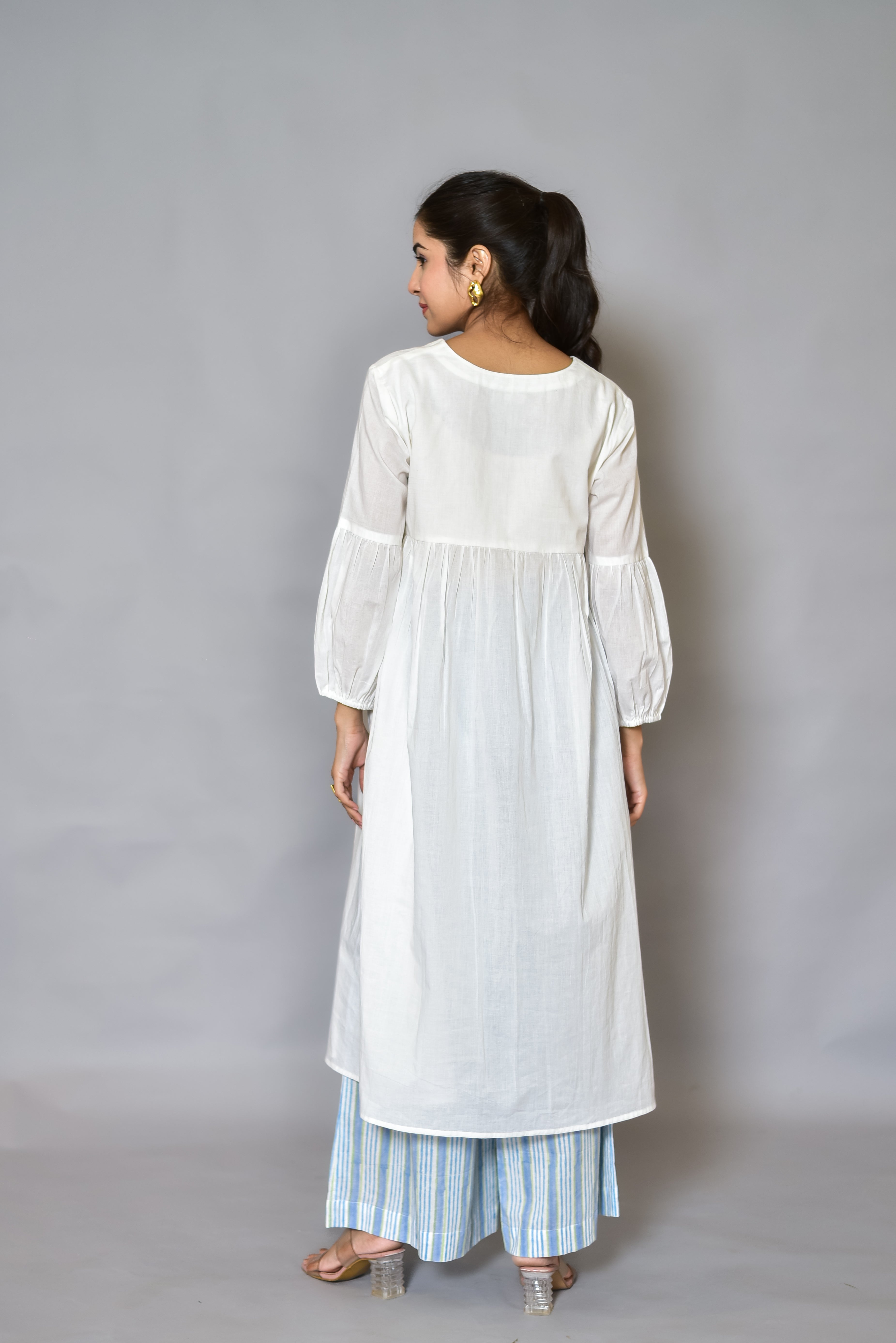 White Gathered Kurta & Stripe Block-Print Set