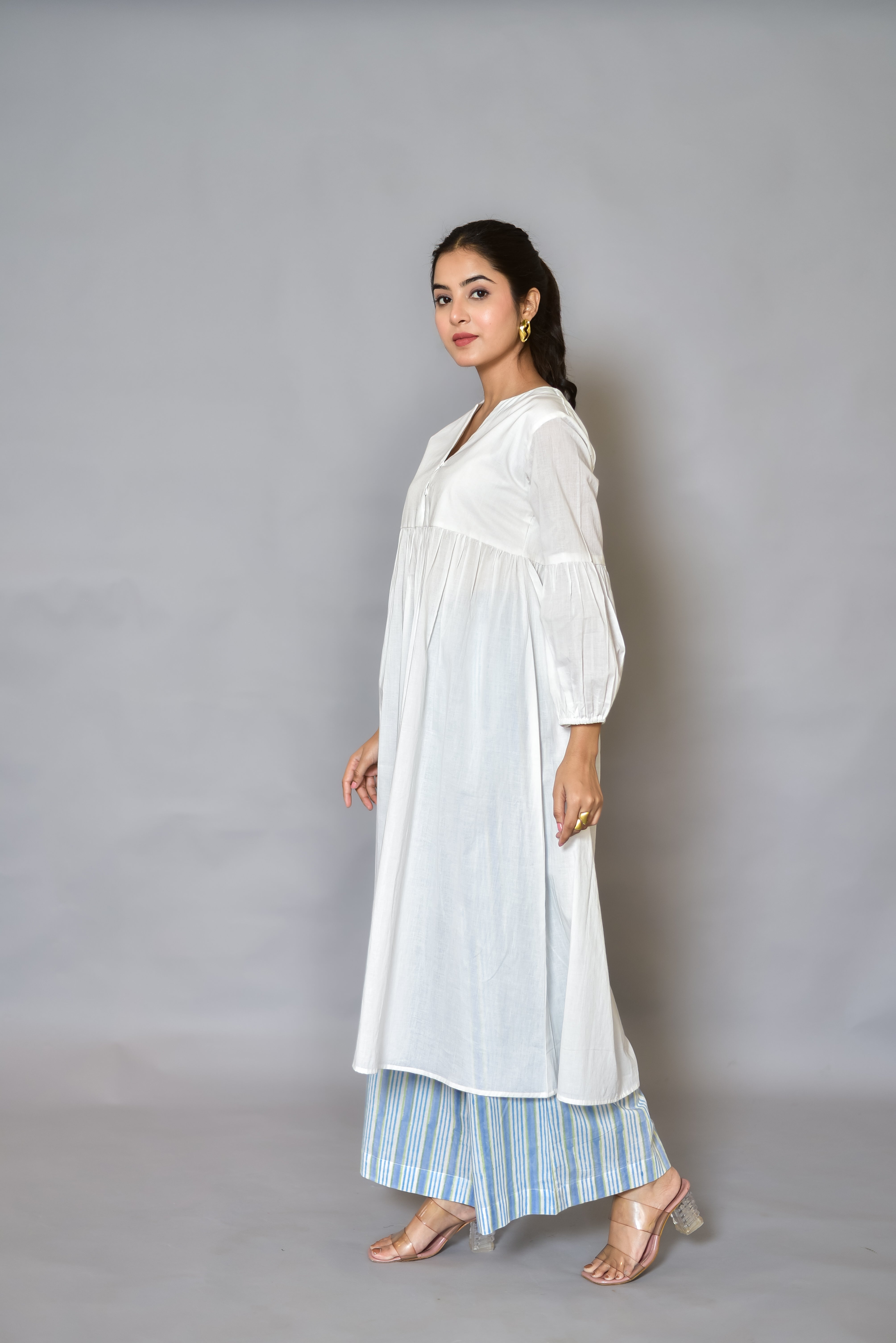 White Gathered Kurta & Stripe Block-Print Set