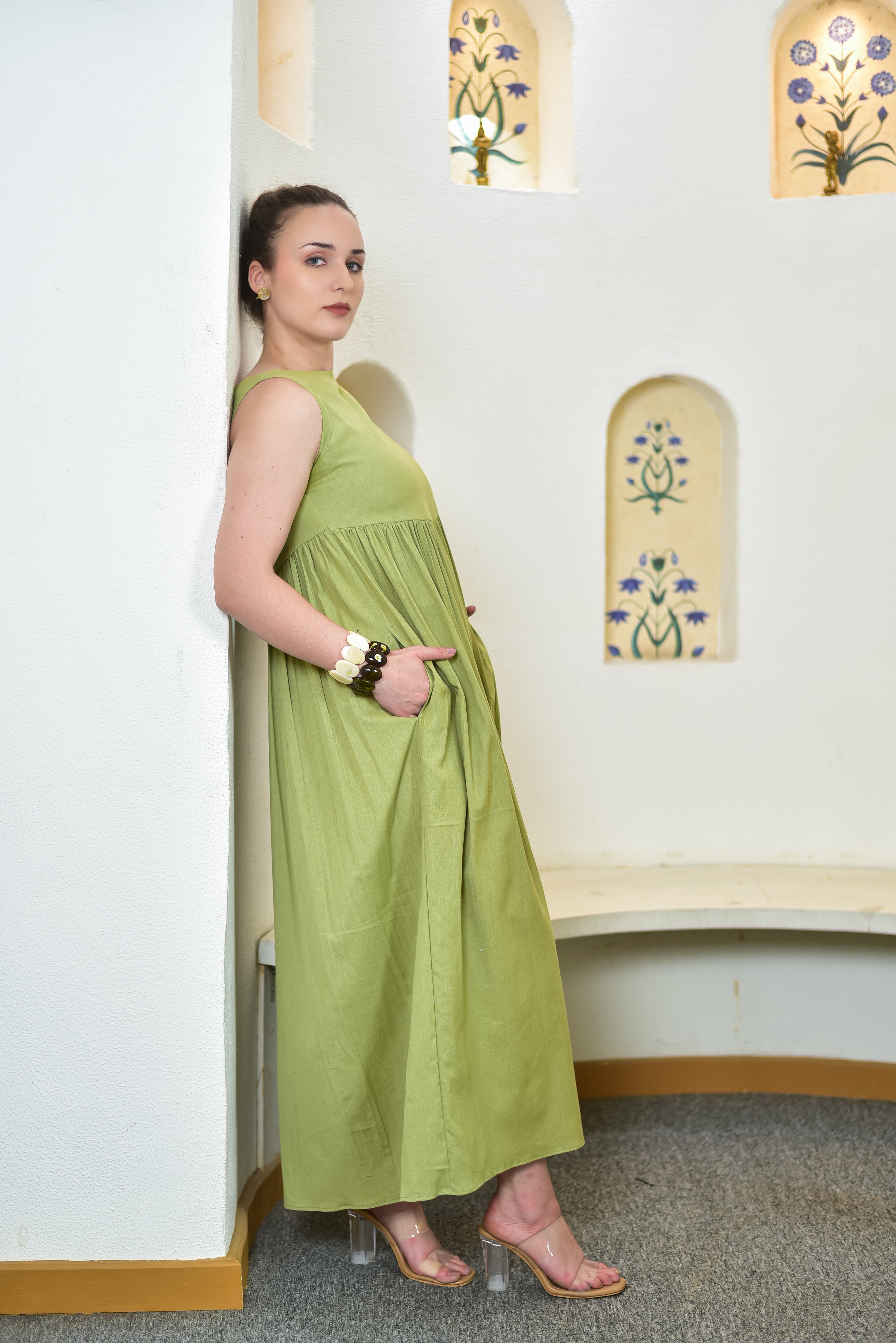 Solid Green Cotton Dress