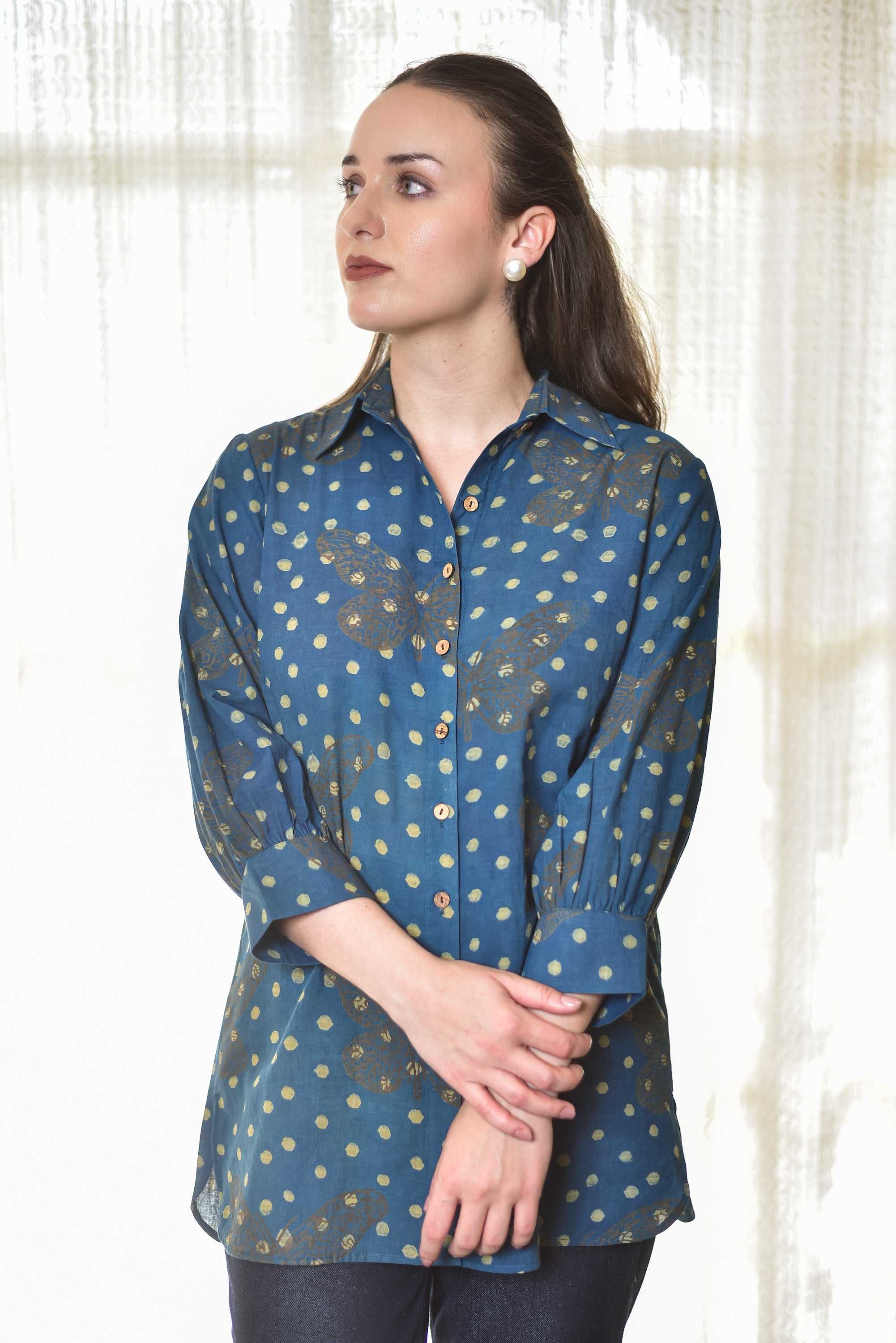 Indigo Butterfly Block-Print Shirt