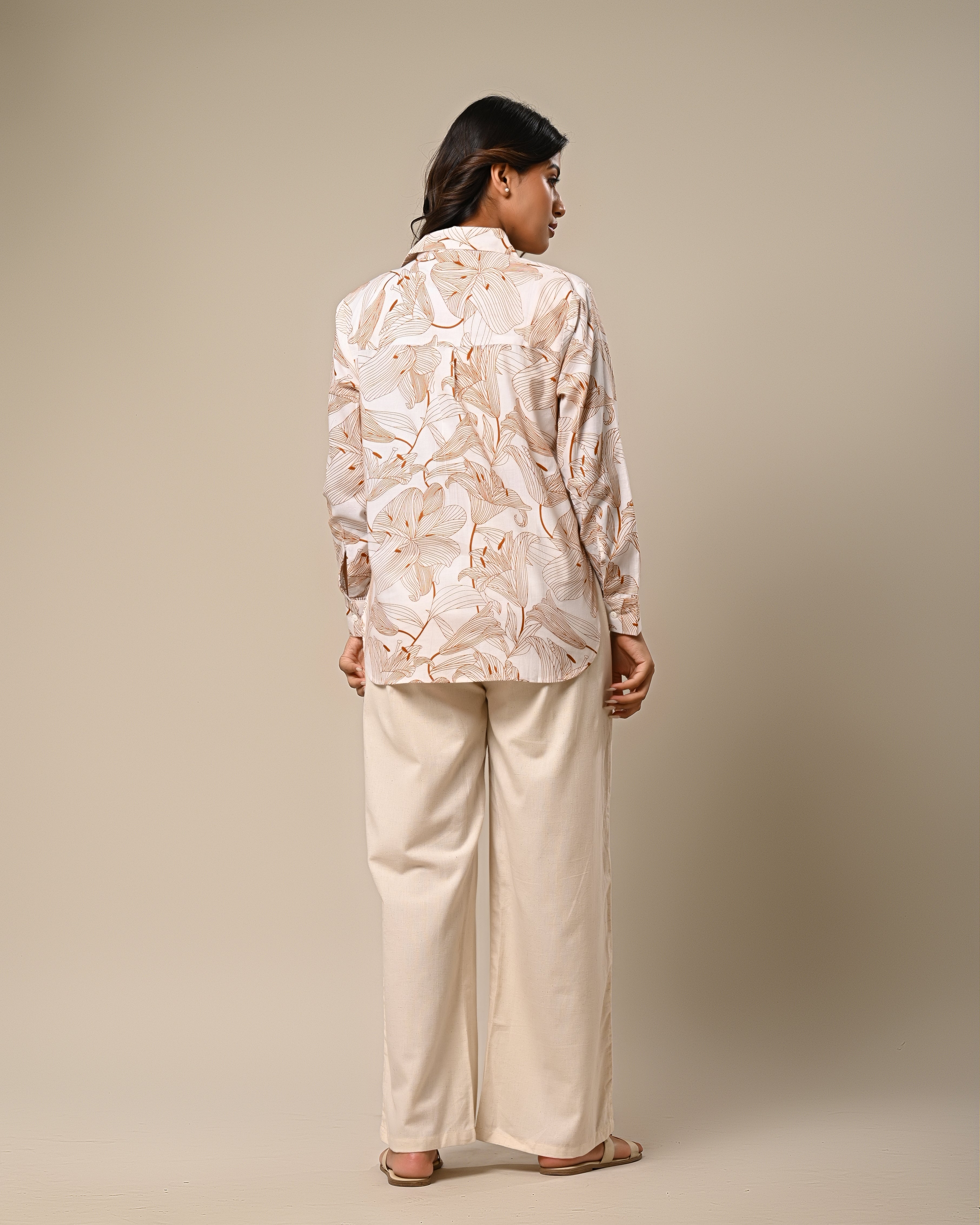Beige Floral Printed Shirt with Wide-Leg Pants Set