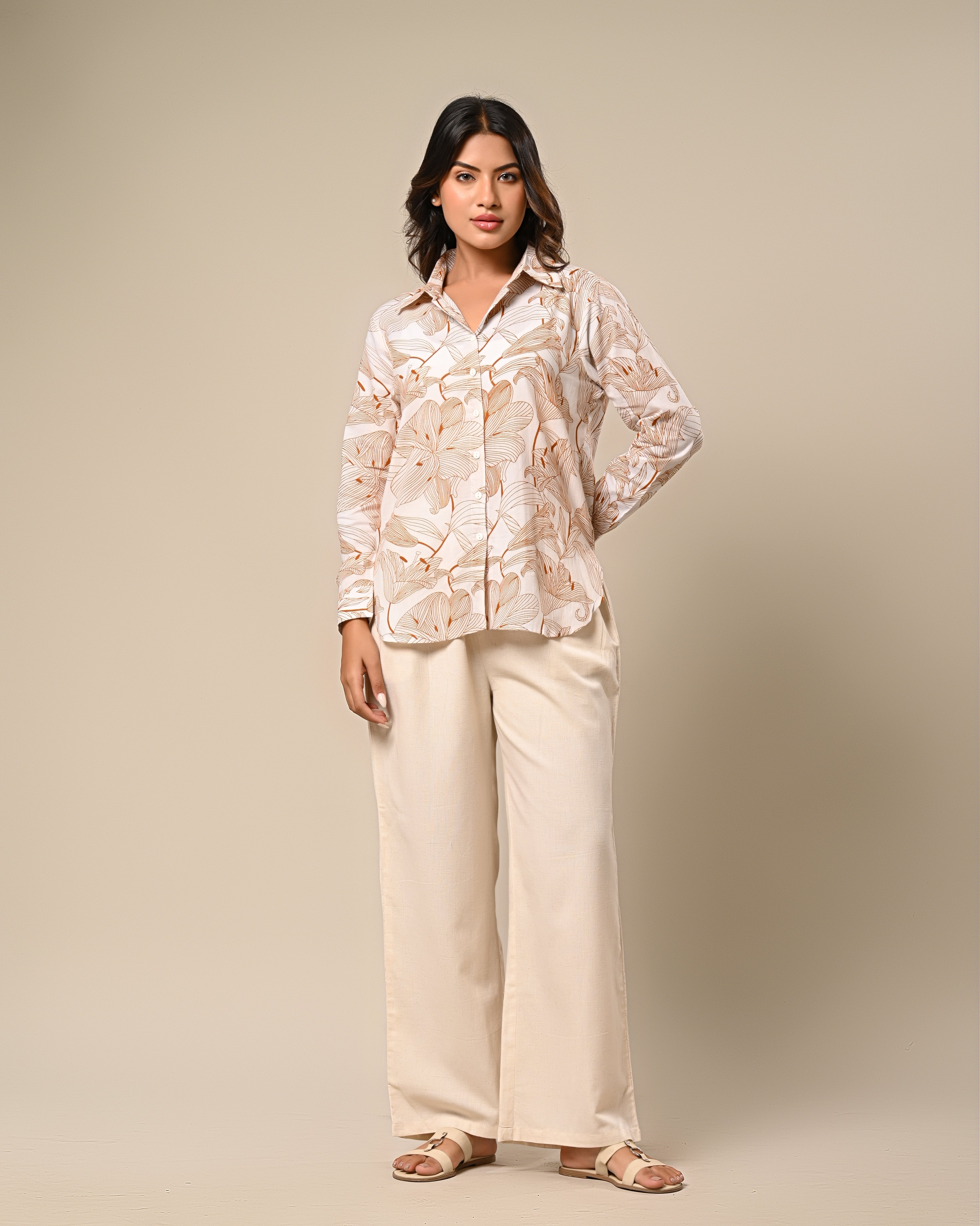 Beige Floral Printed Shirt with Wide-Leg Pants Set