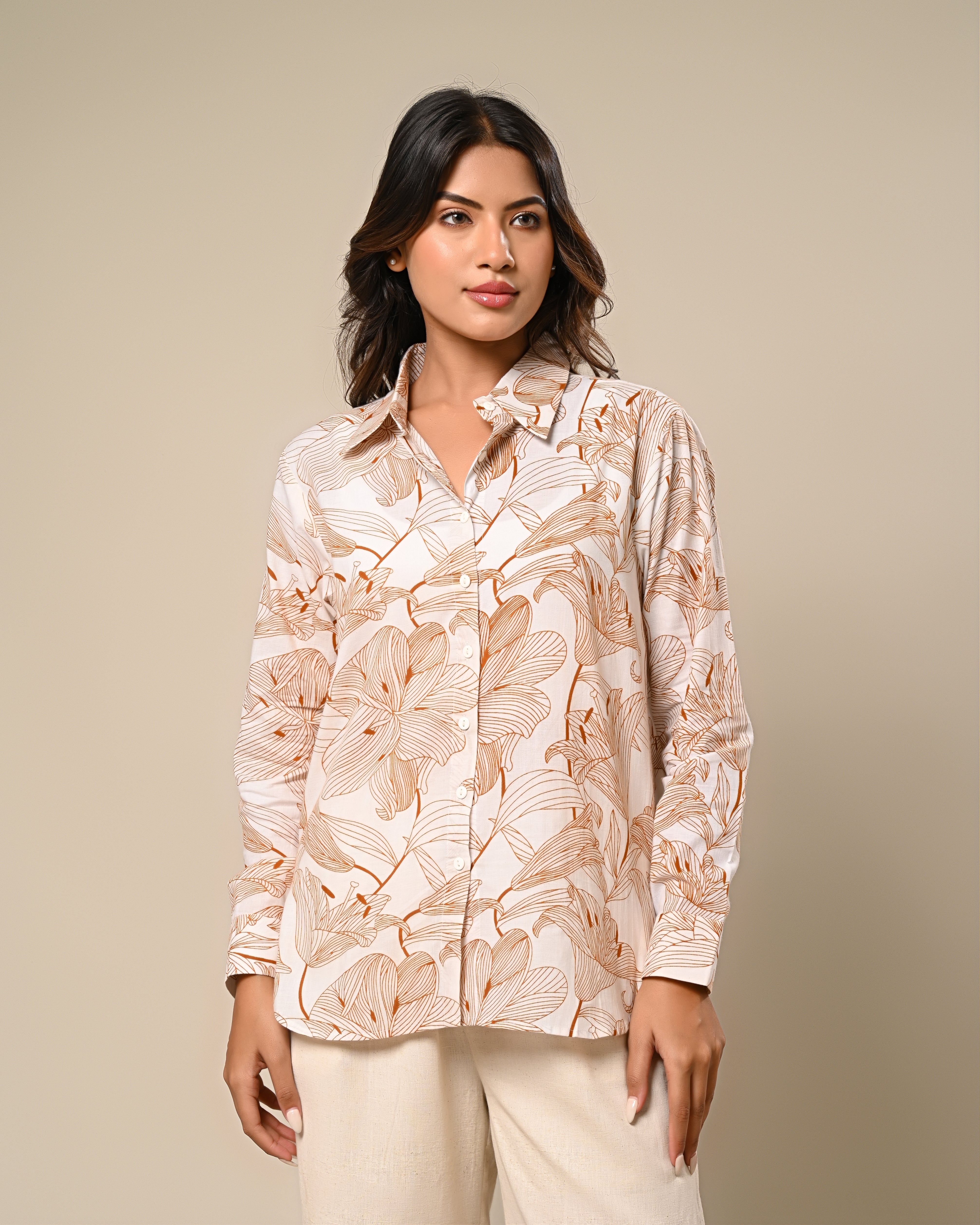 Beige Floral Printed Shirt with Wide-Leg Pants Set