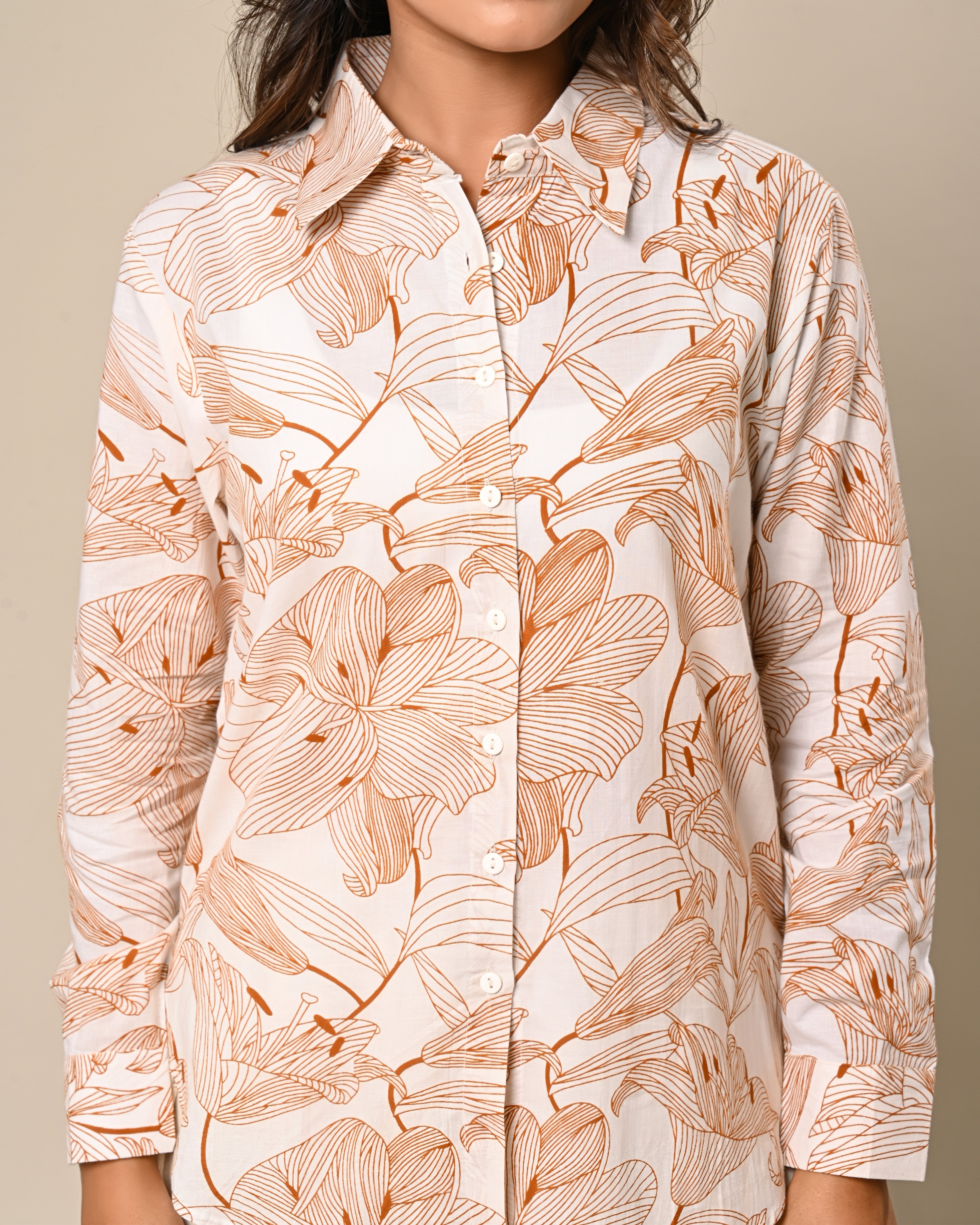 Beige Floral Printed Shirt with Wide-Leg Pants Set