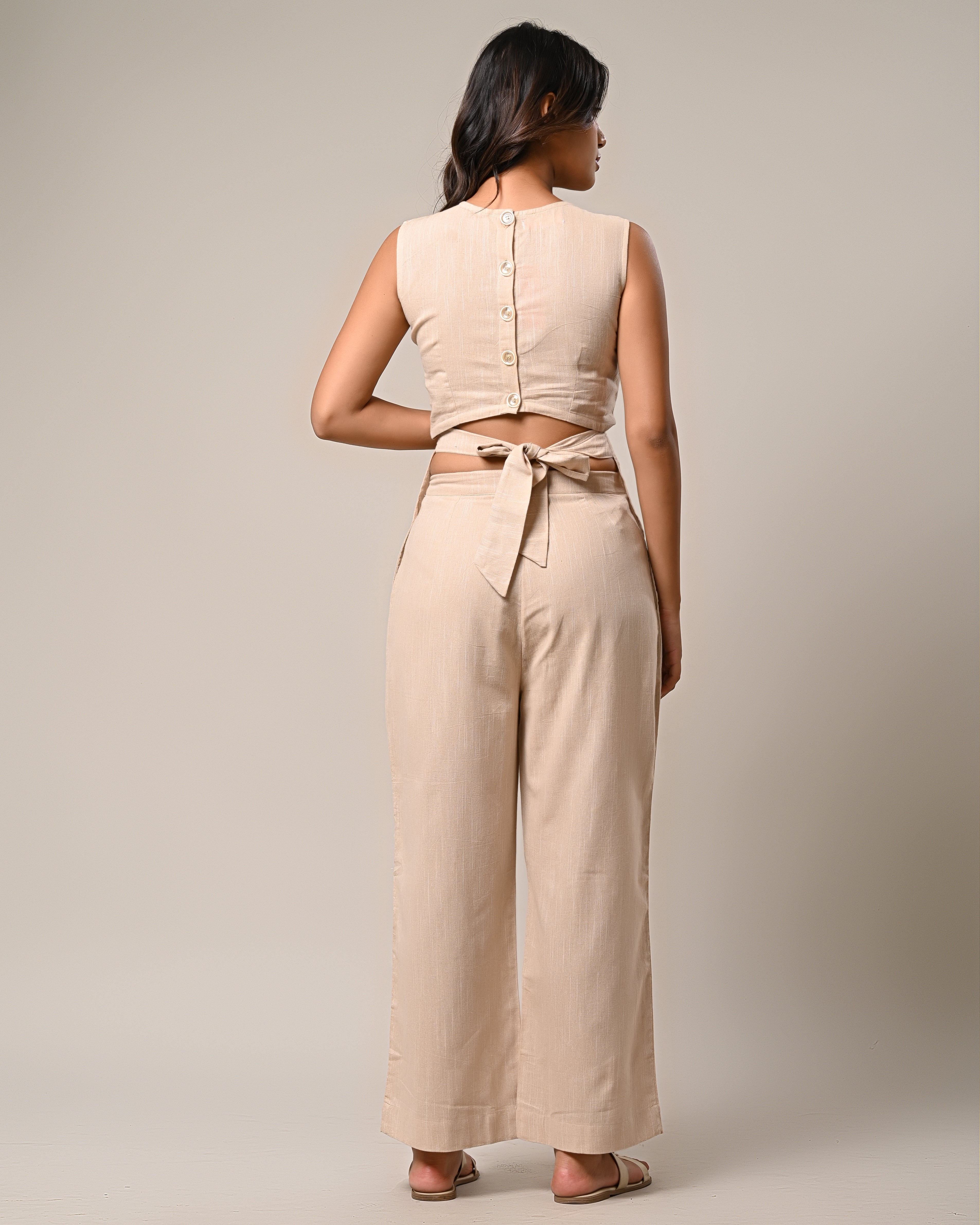 Beige Sleeveless Top with Wide-Leg Pants Set