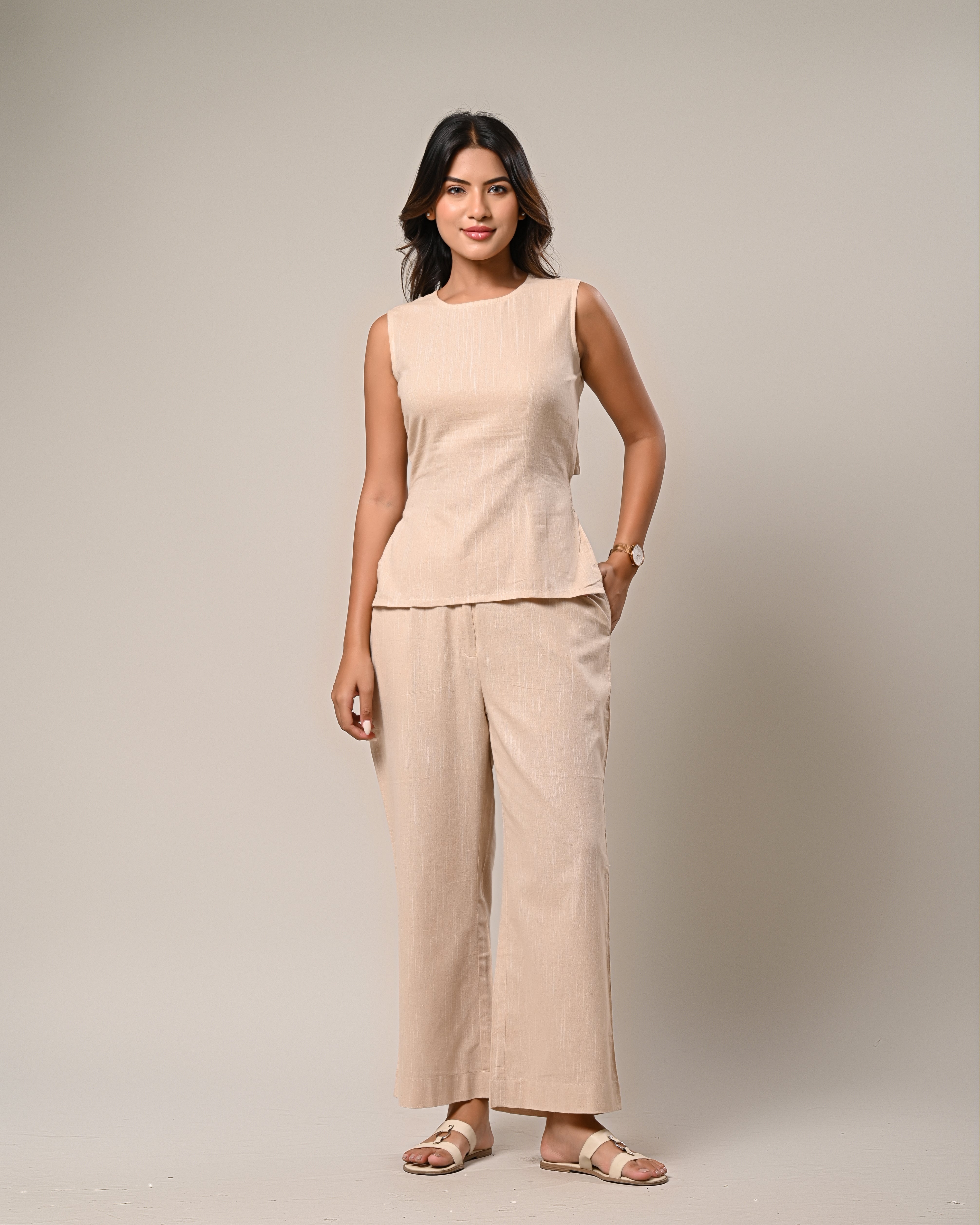 Beige Sleeveless Top with Wide-Leg Pants Set