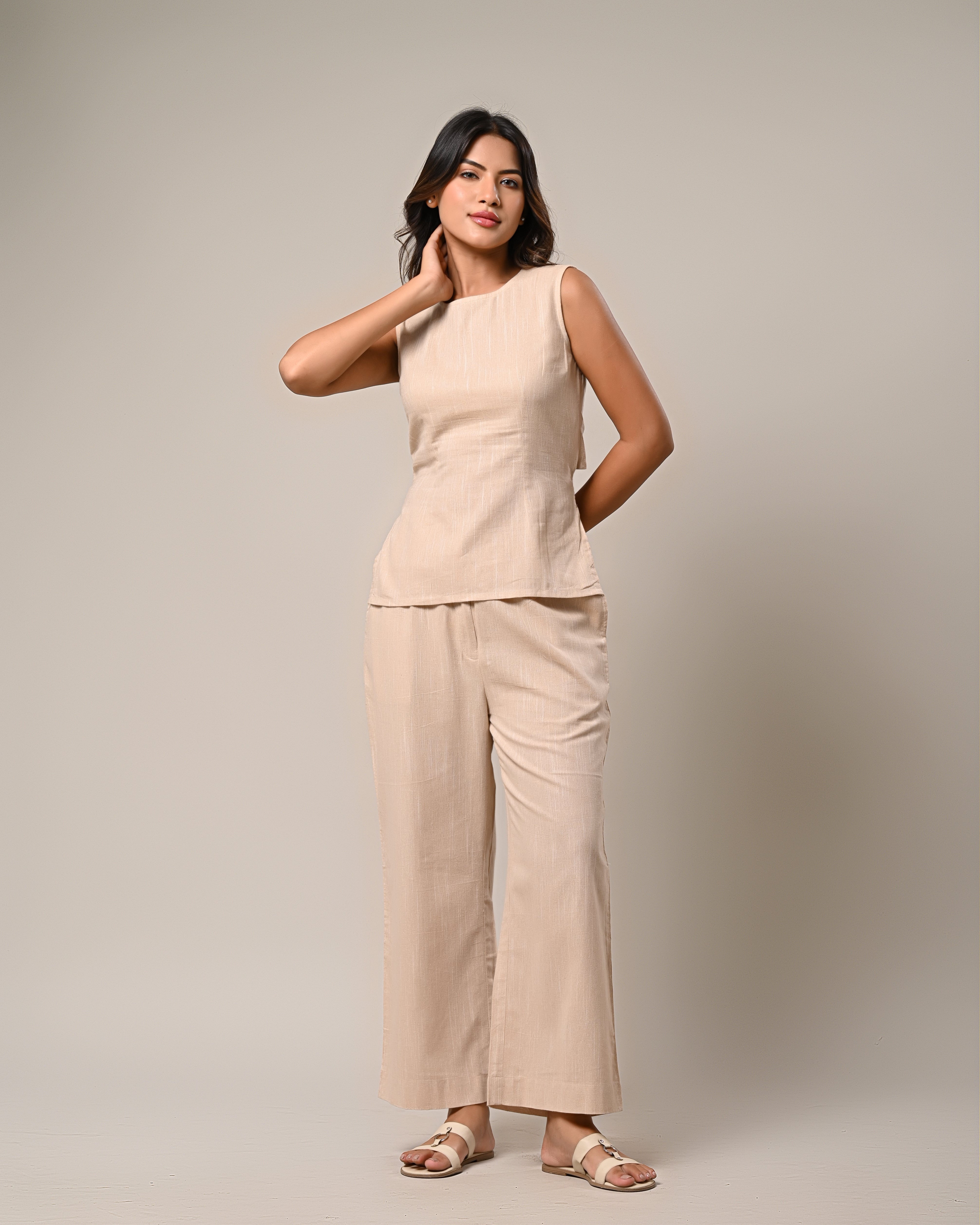 Beige Sleeveless Top with Wide-Leg Pants Set