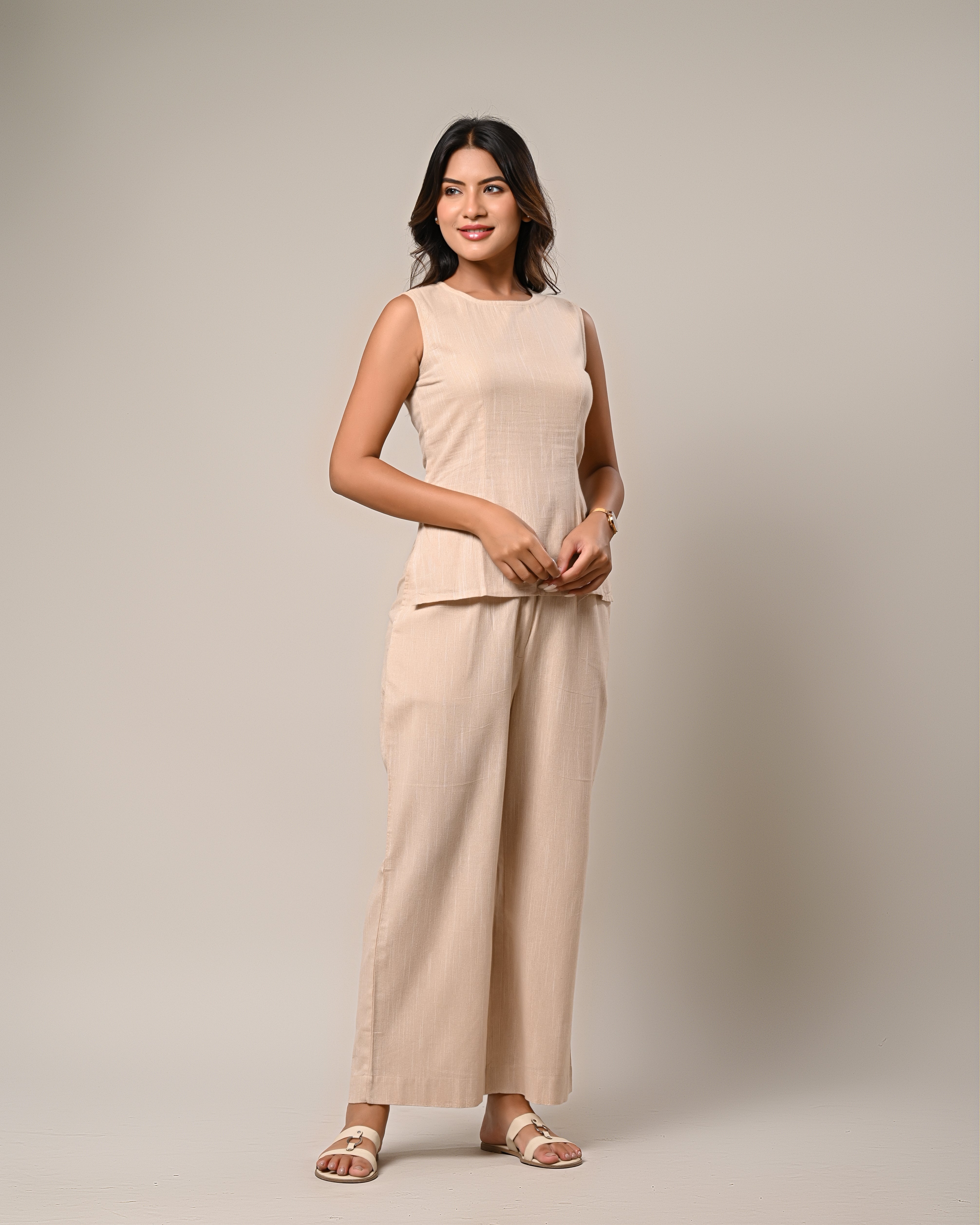 Beige Sleeveless Top with Wide-Leg Pants Set