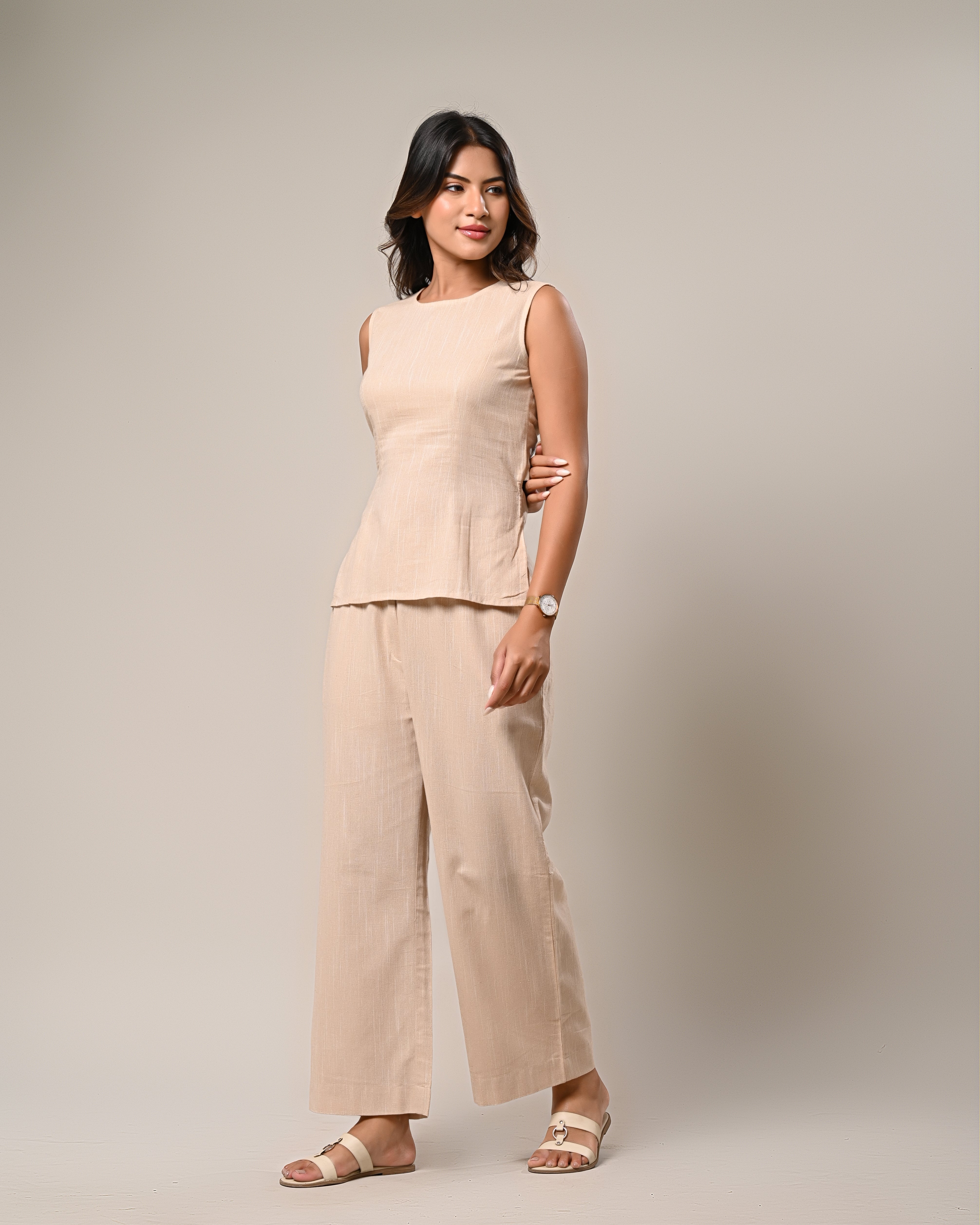 Beige Sleeveless Top with Wide-Leg Pants Set
