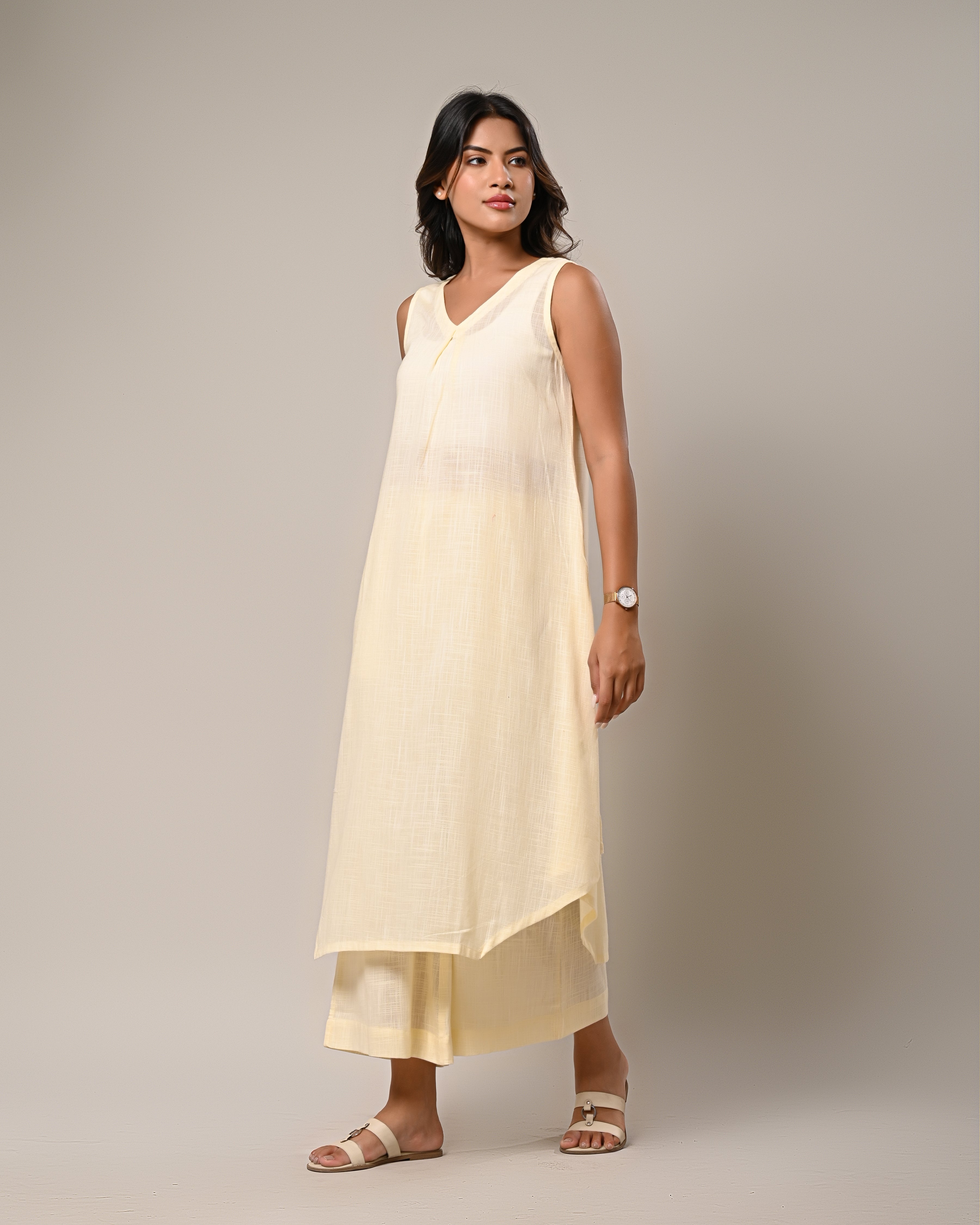 Light Yellow Sleeveless Kurta with Wide-Leg Pants Set