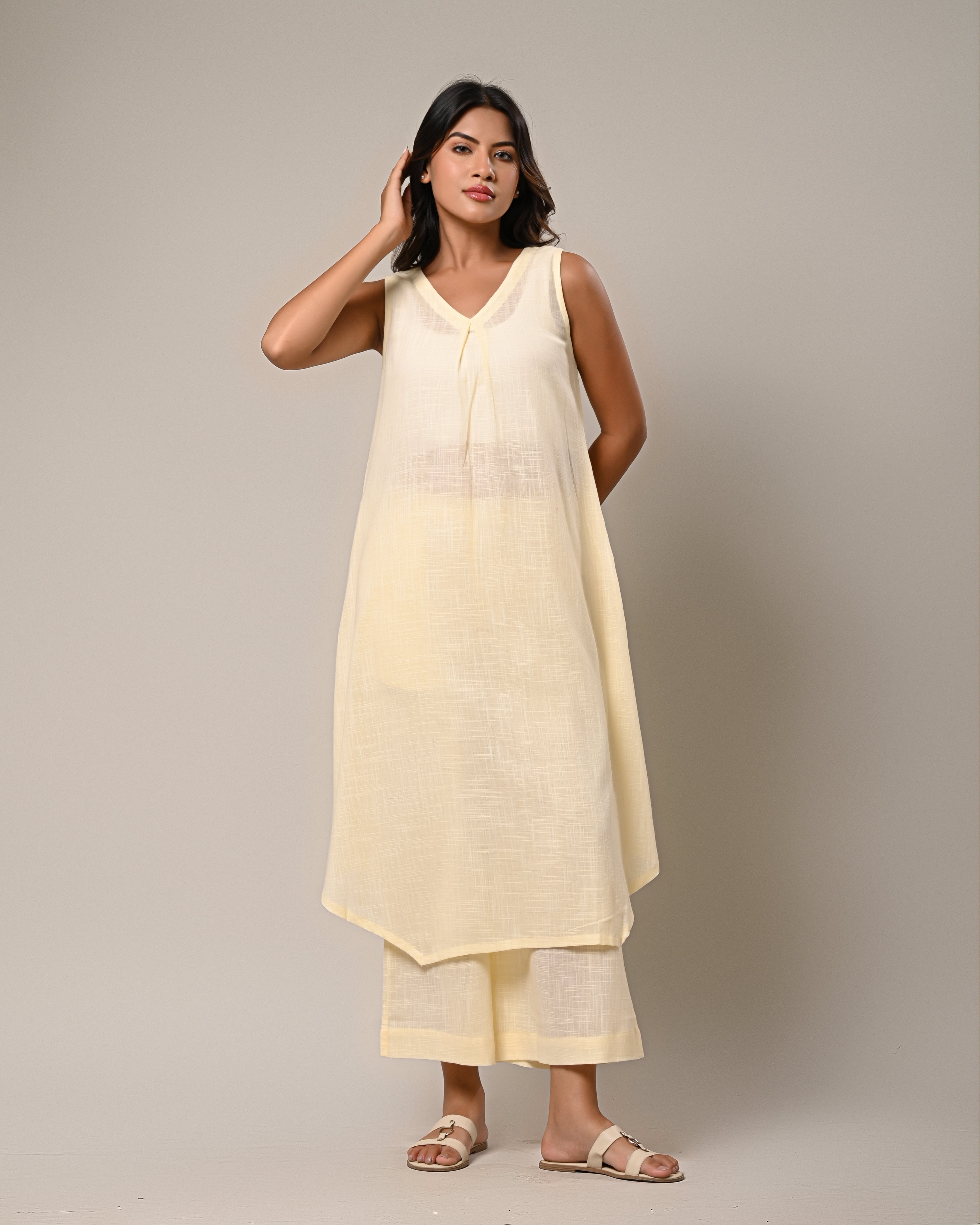 Light Yellow Sleeveless Kurta with Wide-Leg Pants Set