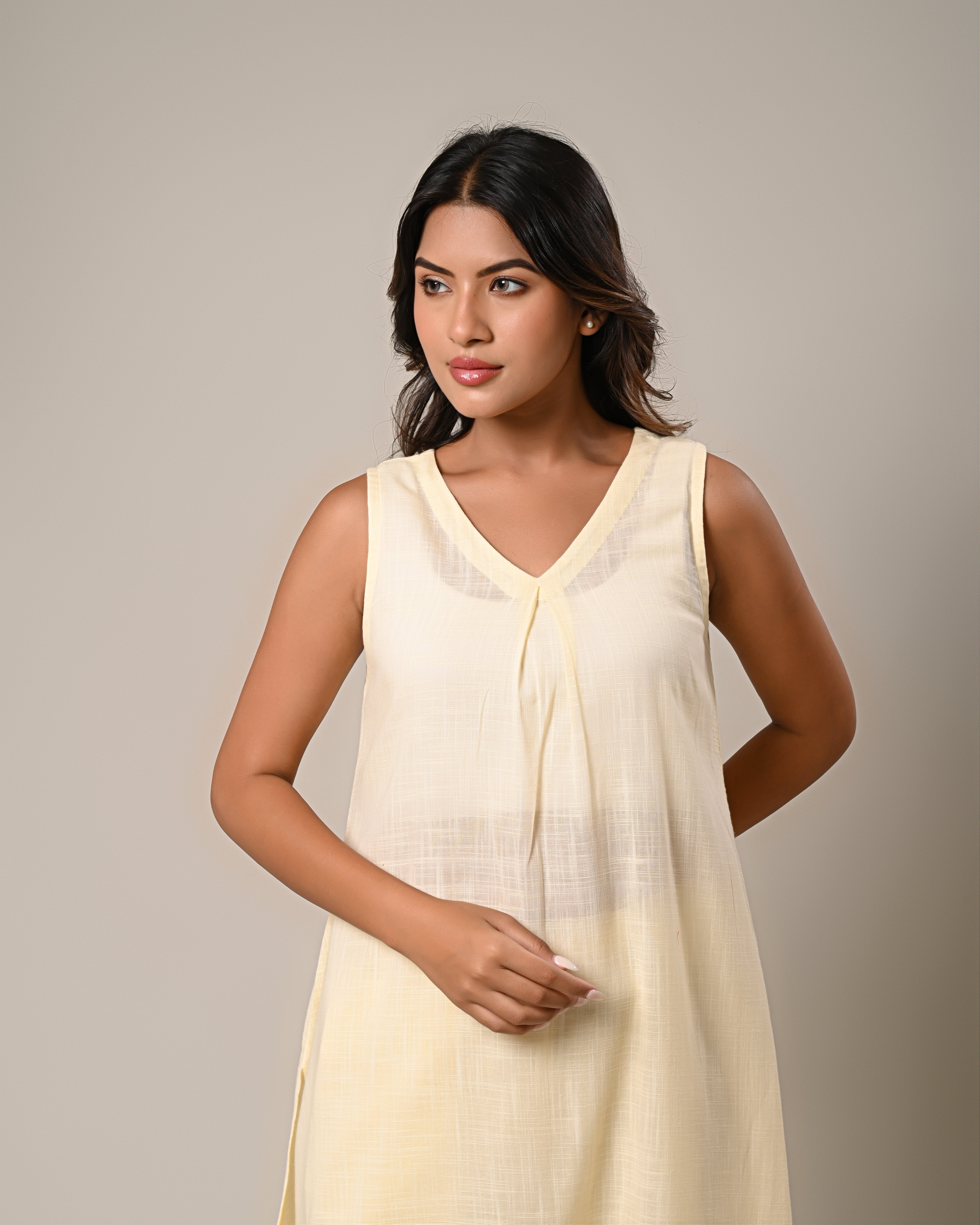 Light Yellow Sleeveless Kurta with Wide-Leg Pants Set