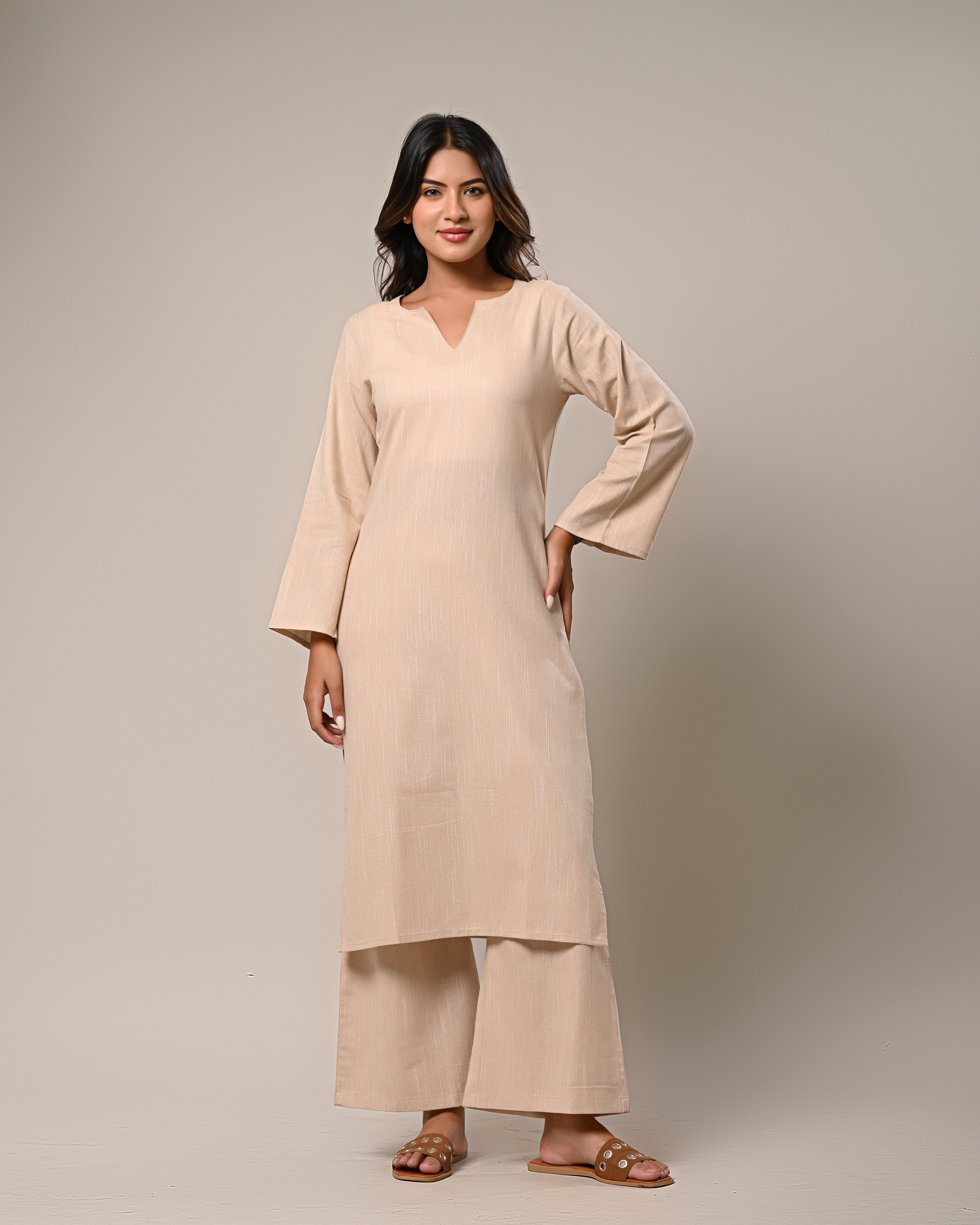 Beige V-neck Kurta with Wide-Legged Palazzos