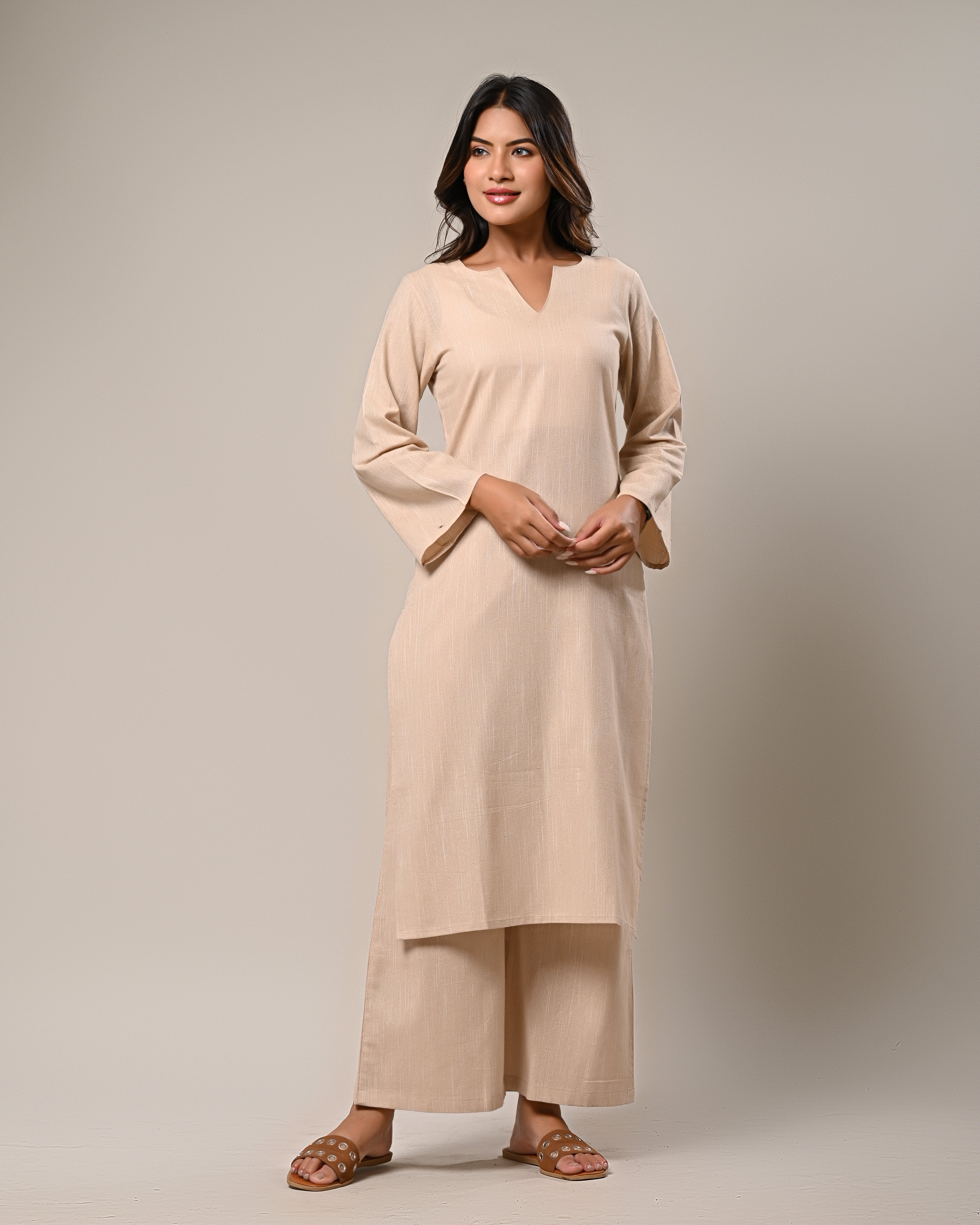 Beige V-neck Kurta with Wide-Legged Palazzos