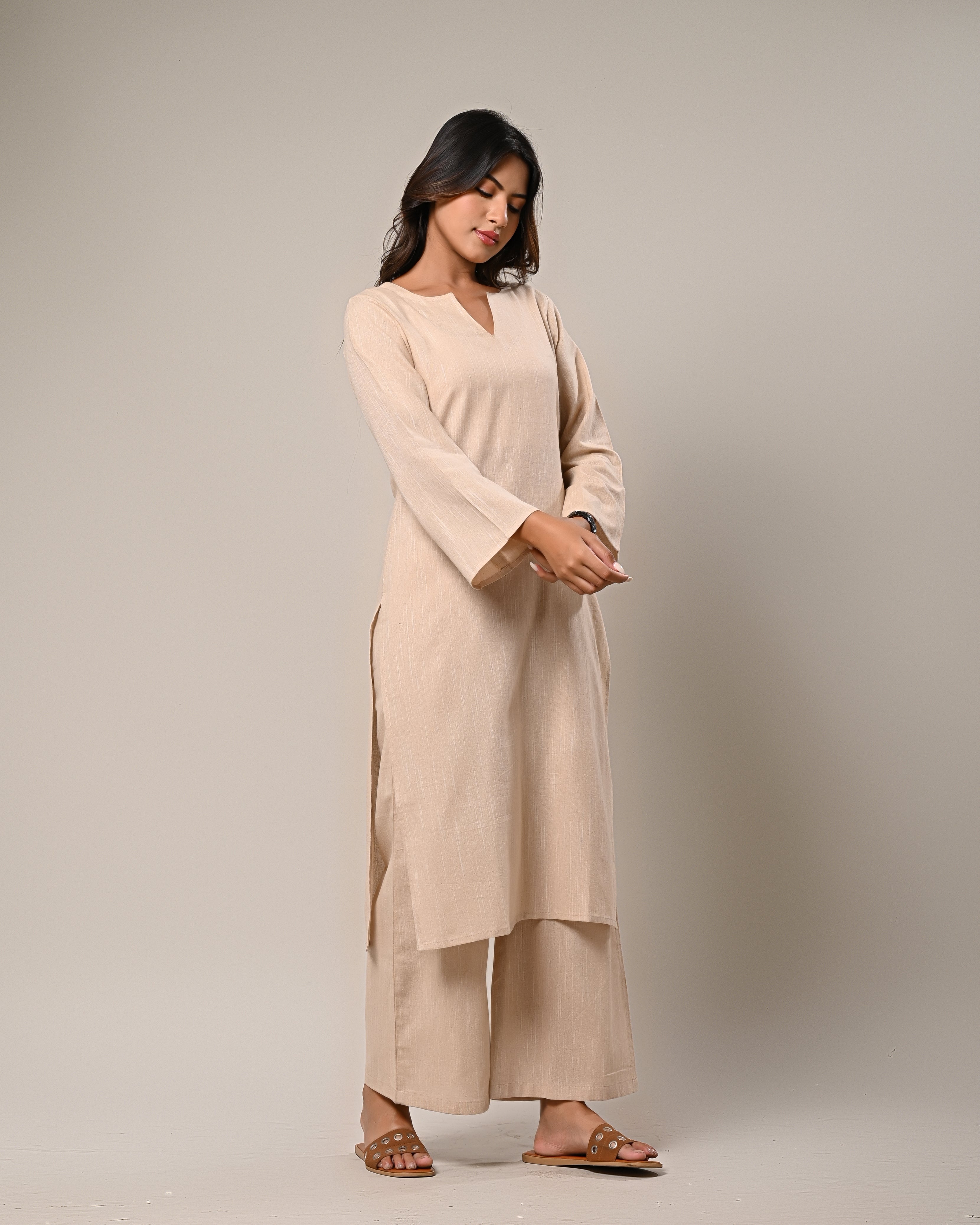 Beige V-neck Kurta with Wide-Legged Palazzos