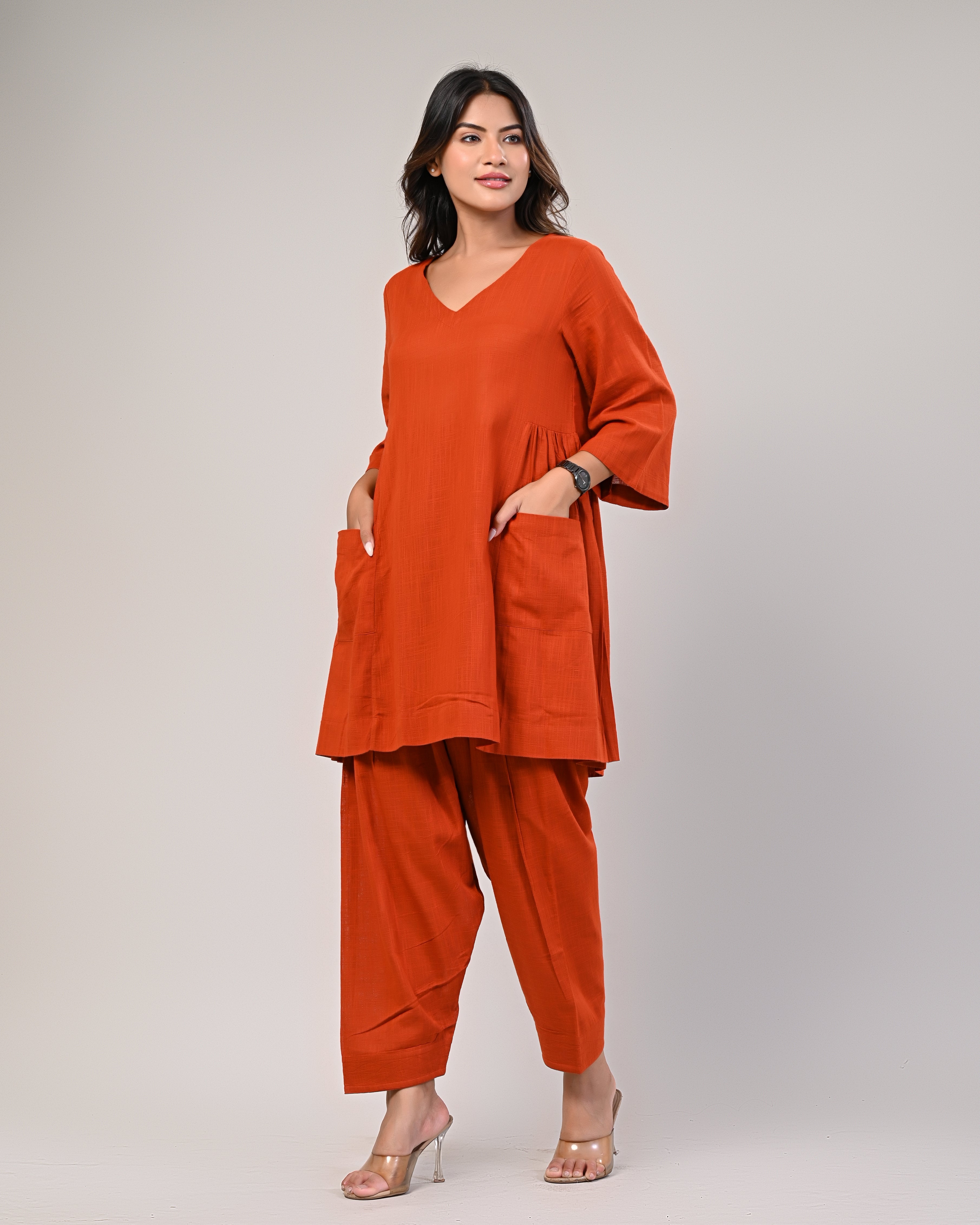 Orange V-neck Pleated Kurta With Afghani Pants