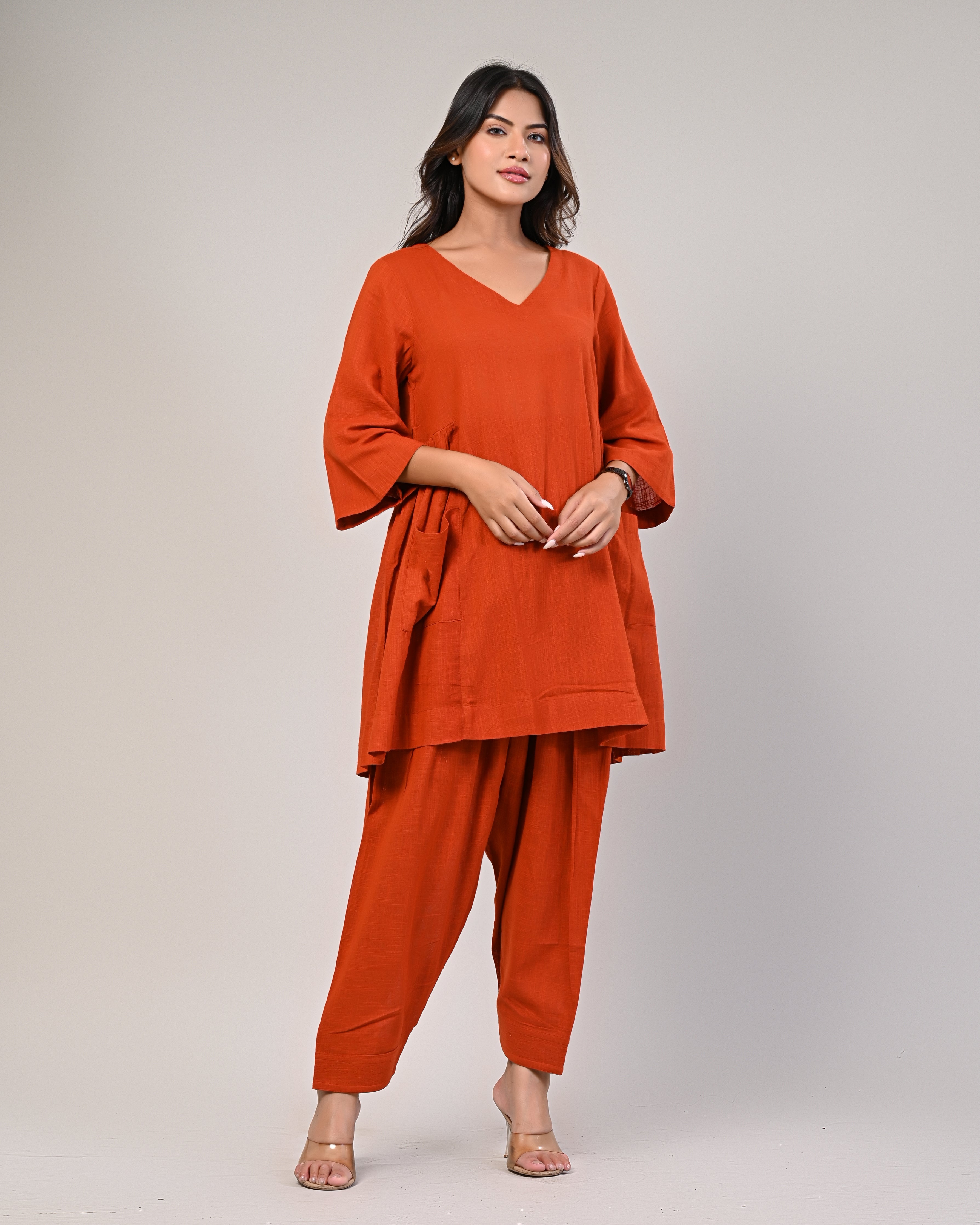 Orange V-neck Pleated Kurta With Afghani Pants