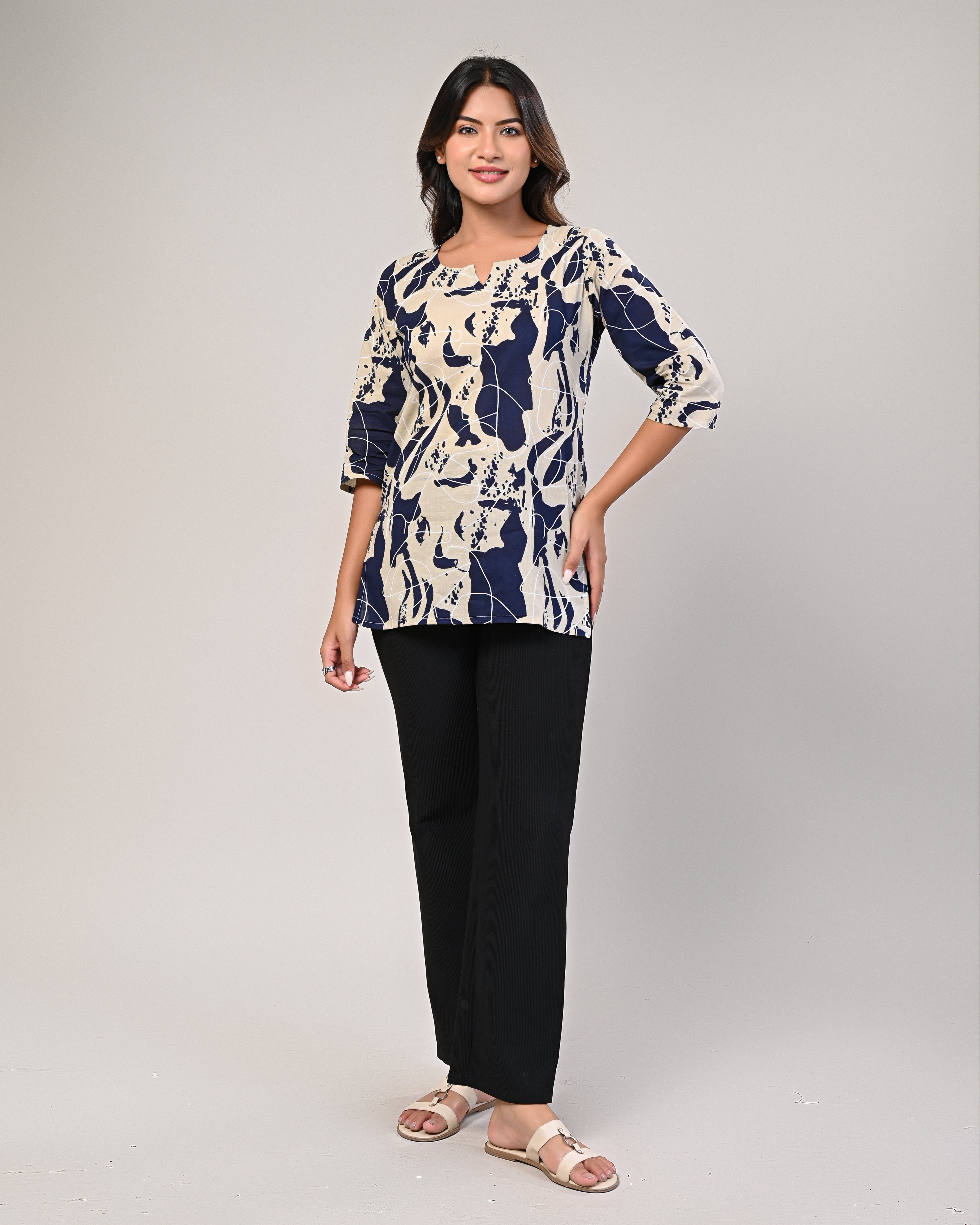 Women’s Navy Blue & Beige Printed Kurti