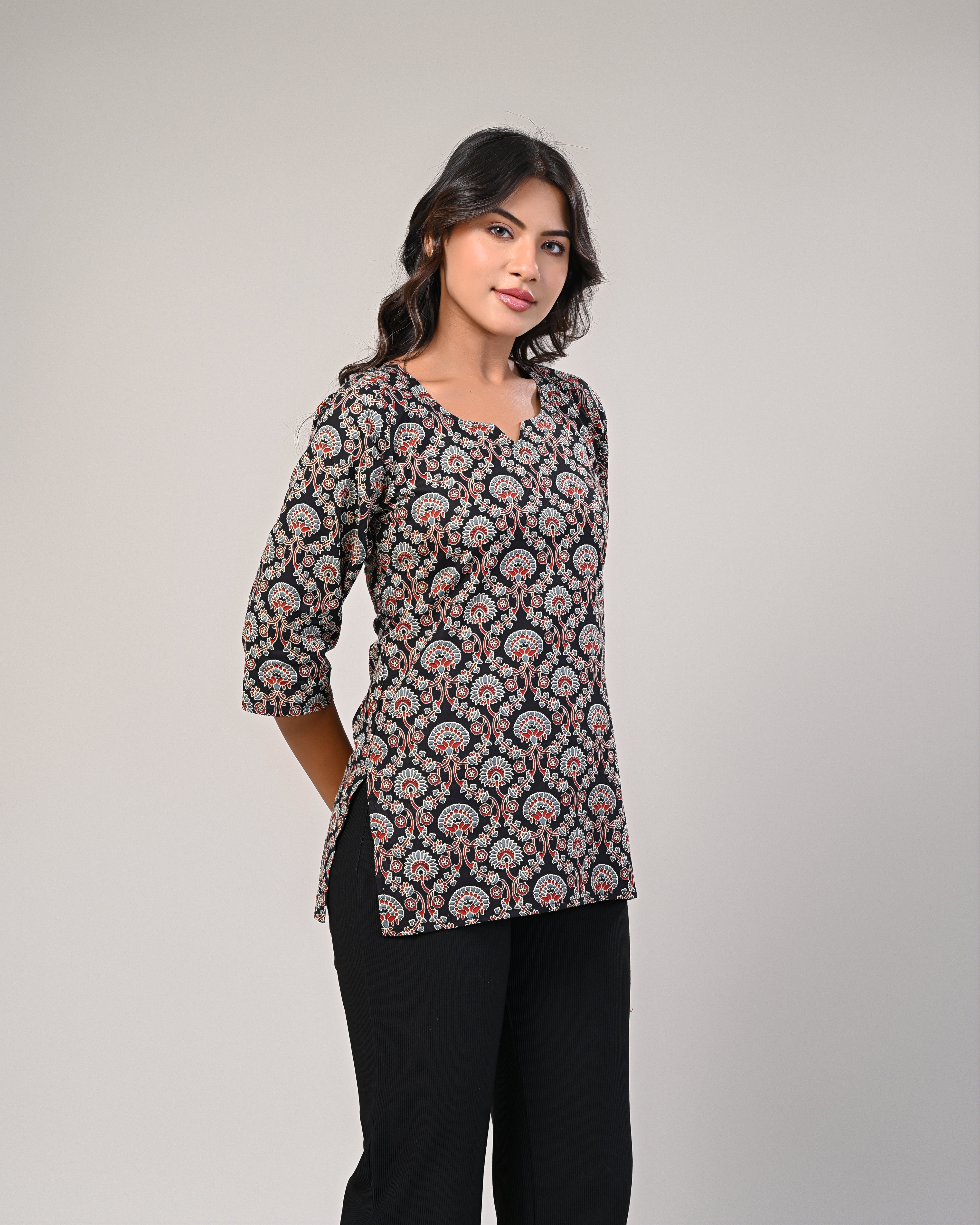 Black Printed Straight Kurti