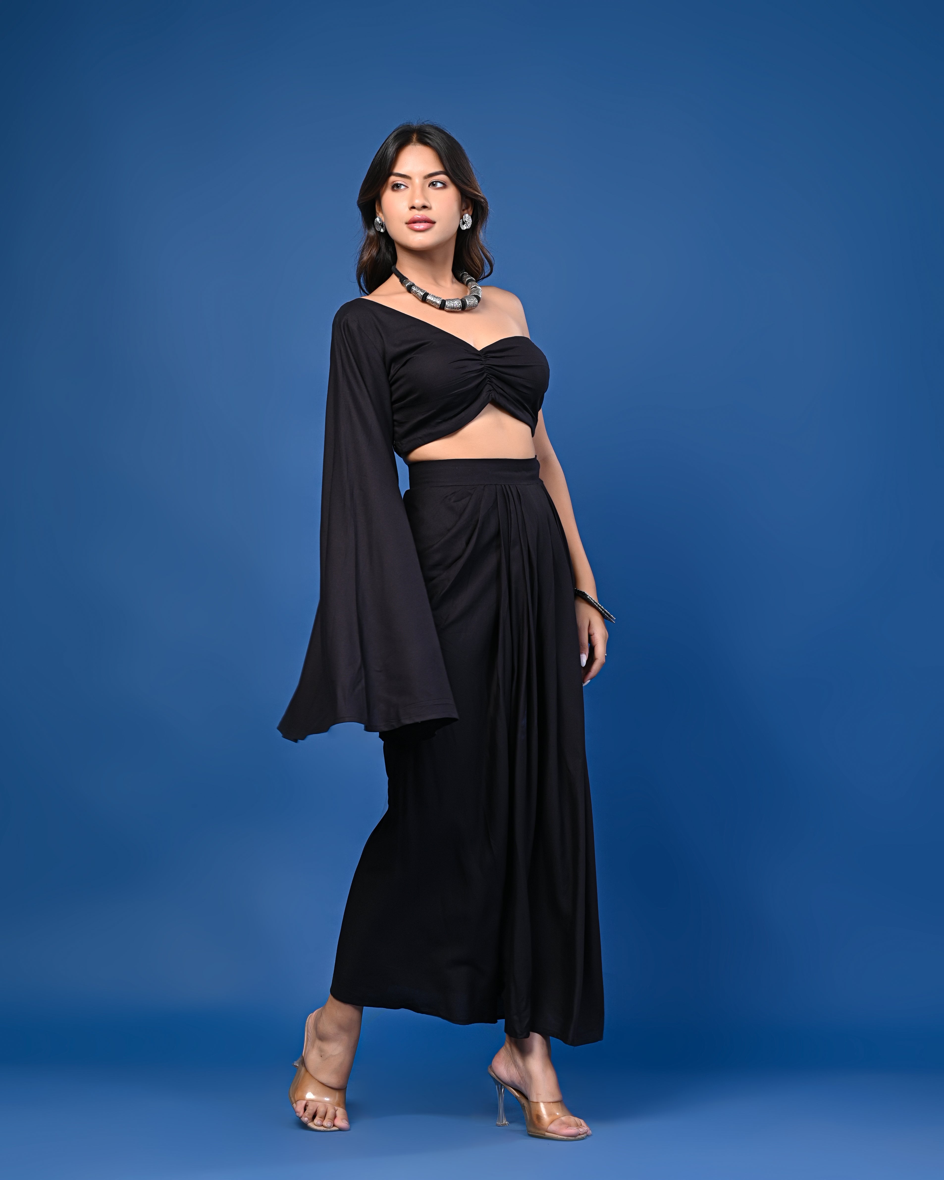 Black One-Shoulder Crop Top with Pleated Black Skirt