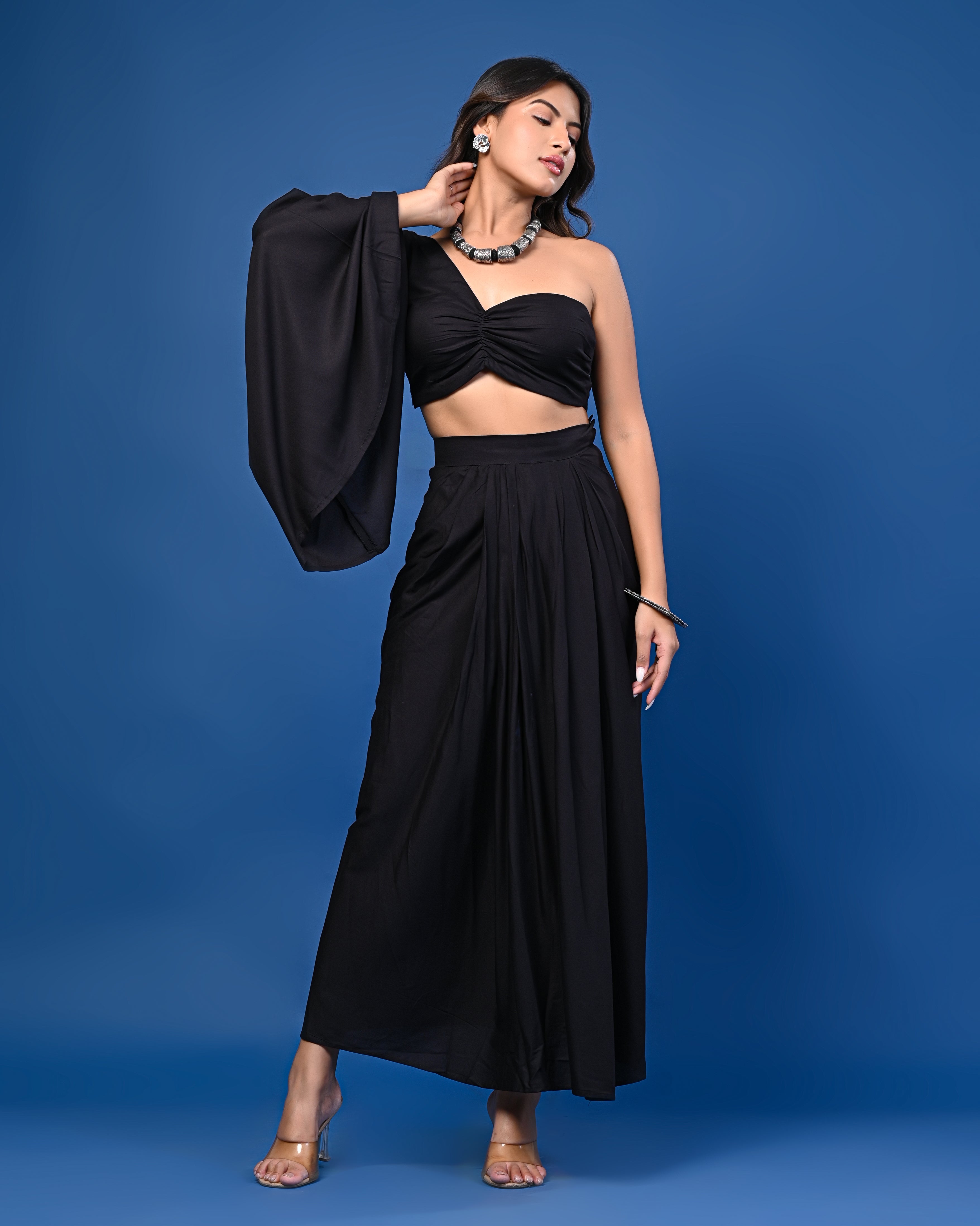 Black One-Shoulder Crop Top with Pleated Black Skirt