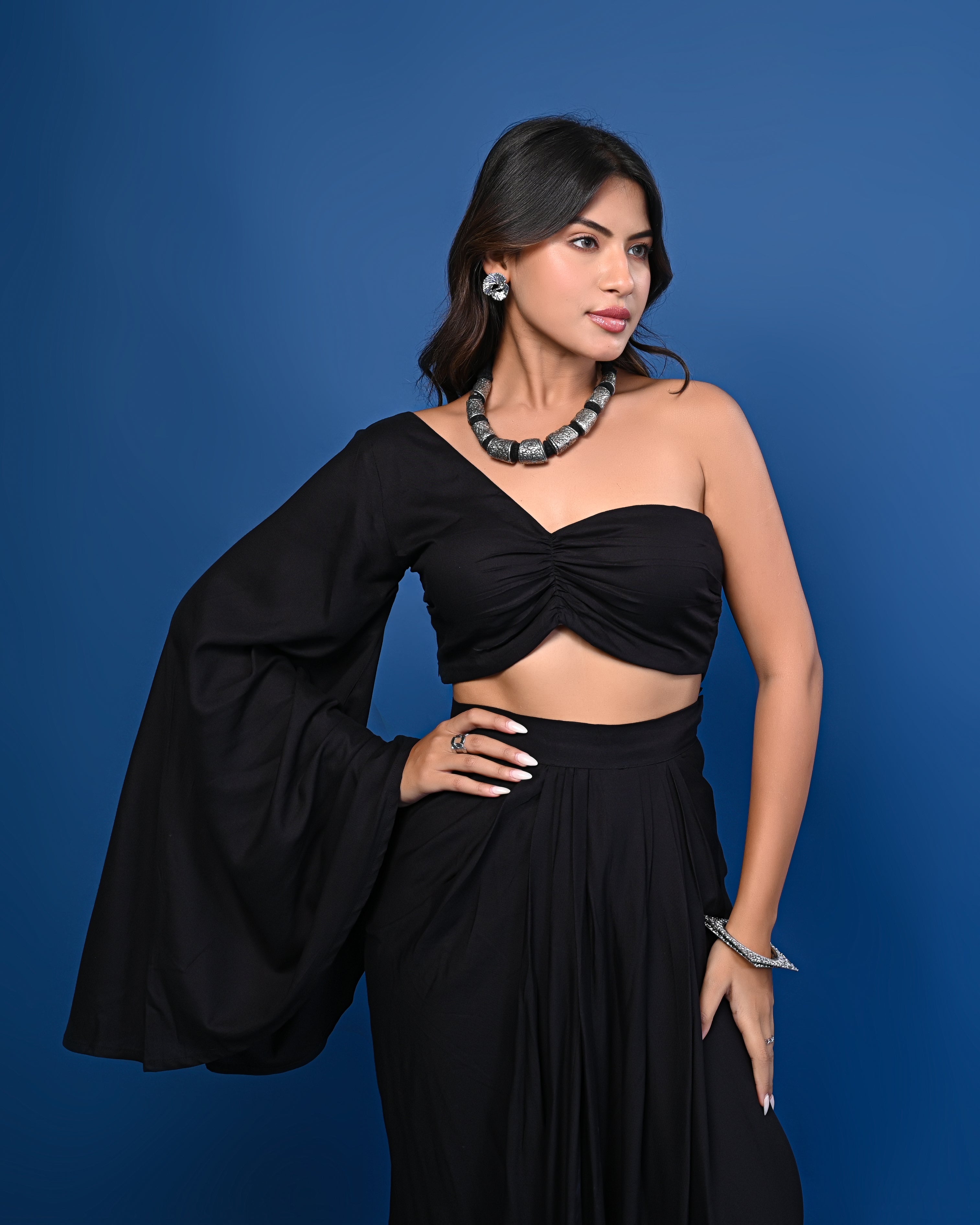 Black One-Shoulder Crop Top with Pleated Black Skirt