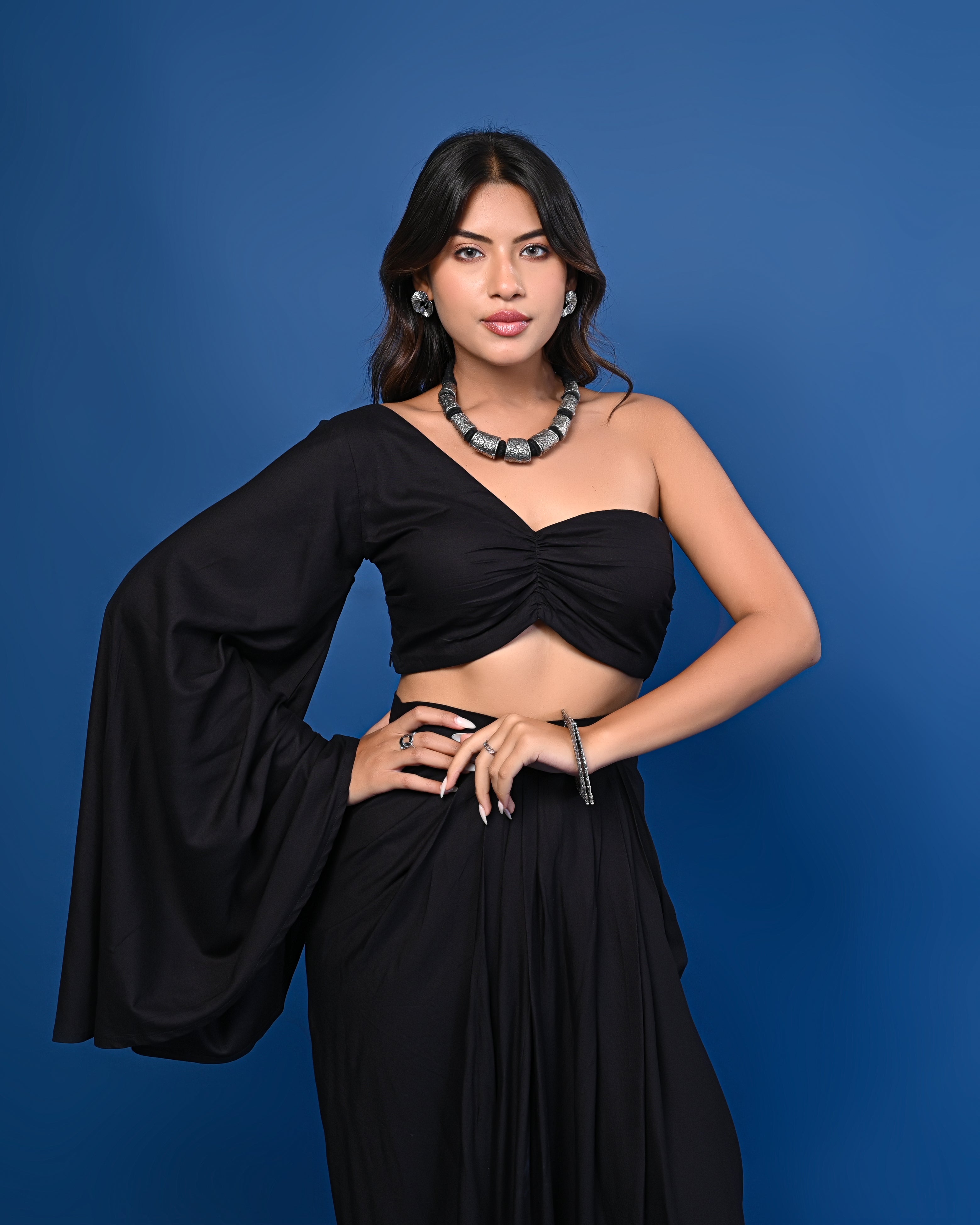 Black One-Shoulder Crop Top with Pleated Black Skirt