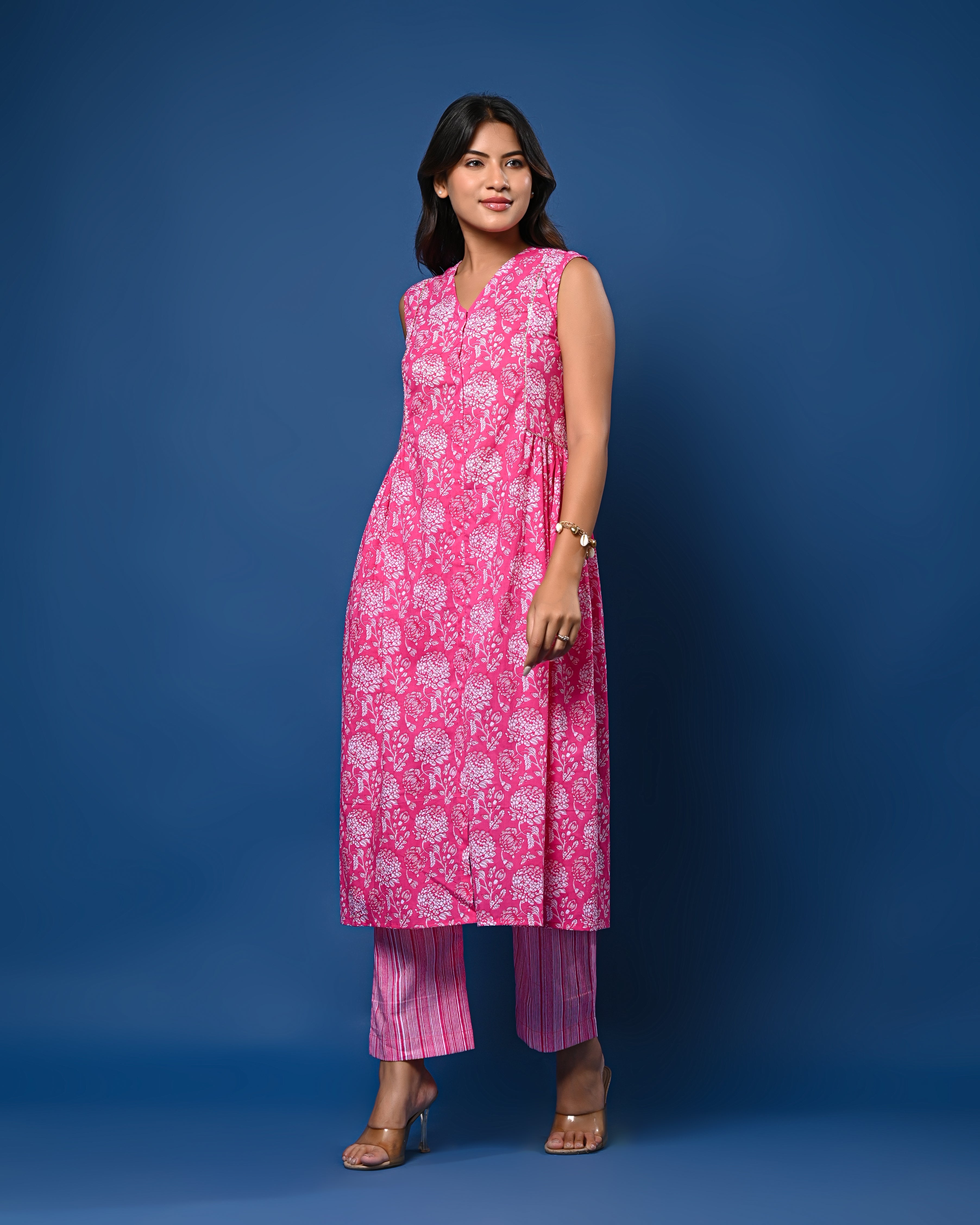 Pink Printed Sleeveless Kurta Set