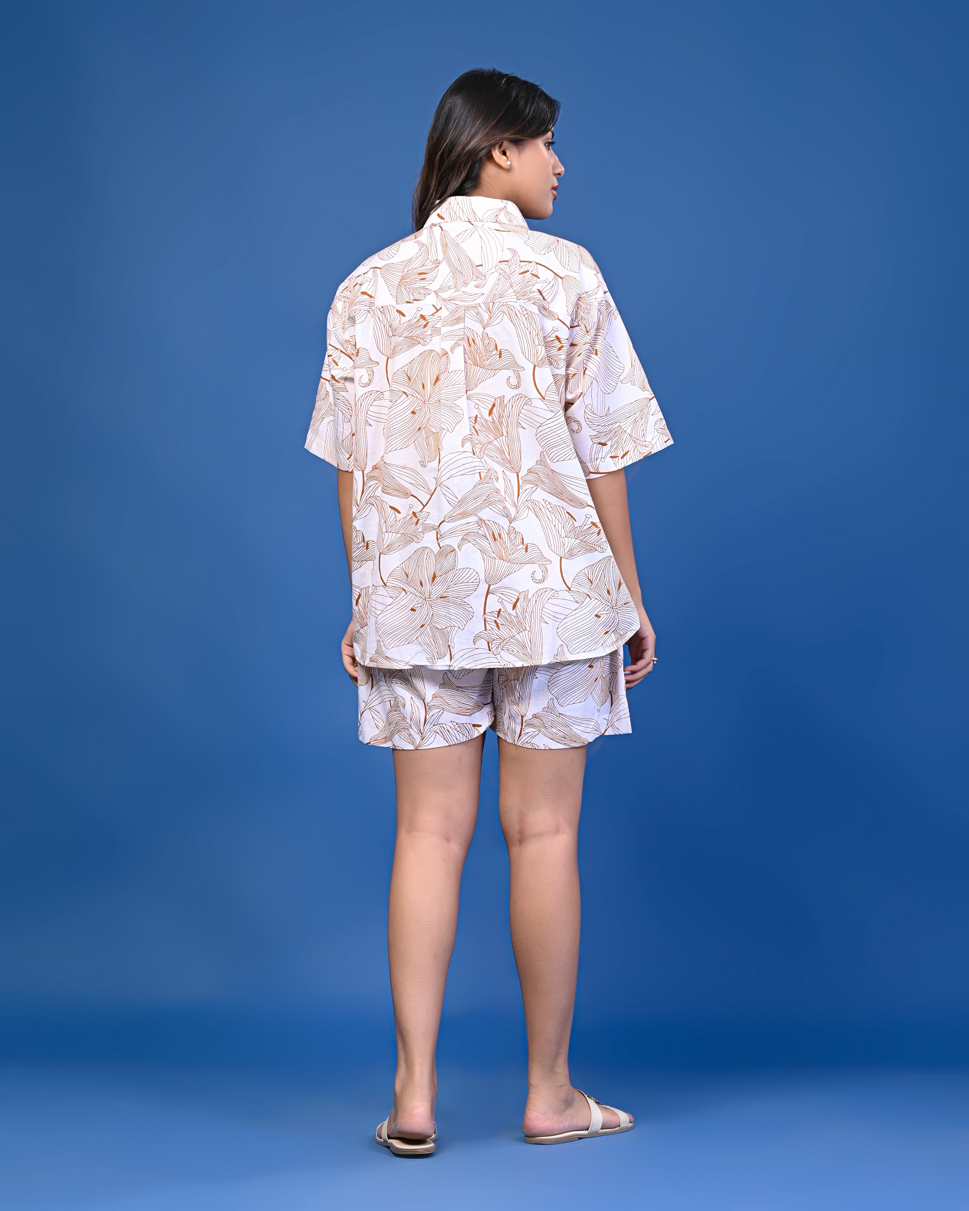 Beige & White Printed Co-ord Shorts Set