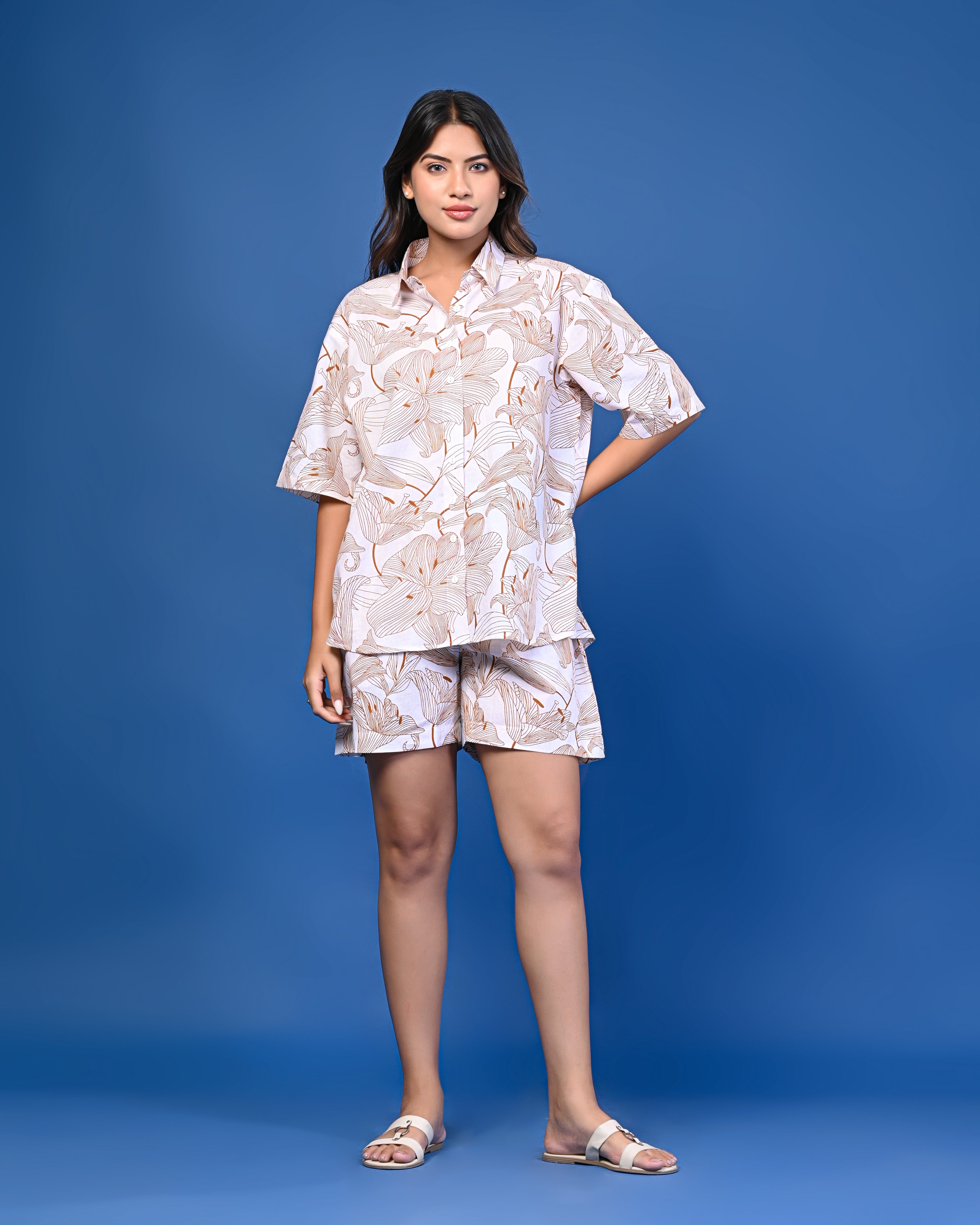 Beige & White Printed Co-ord Shorts Set