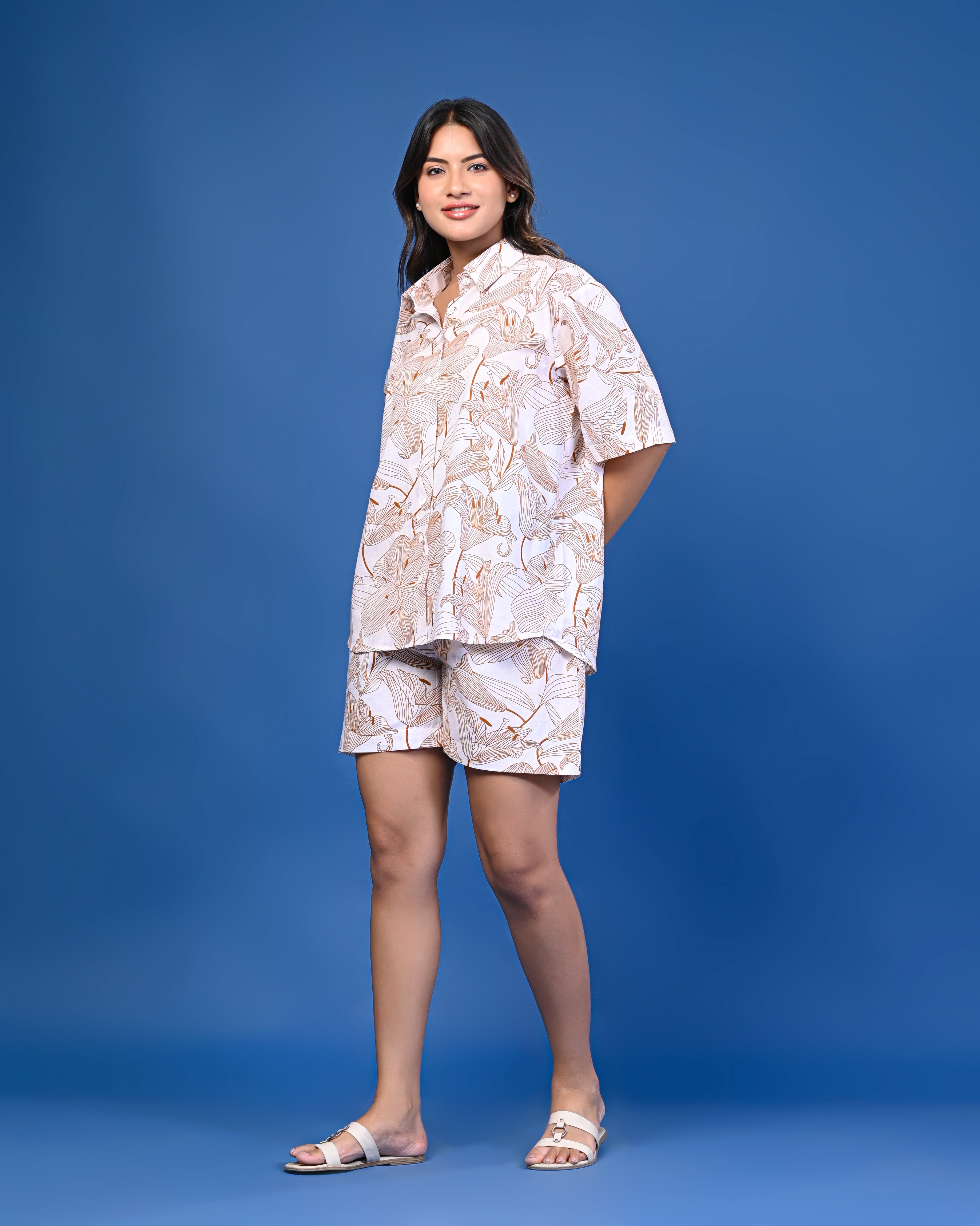 Beige & White Printed Co-ord Shorts Set