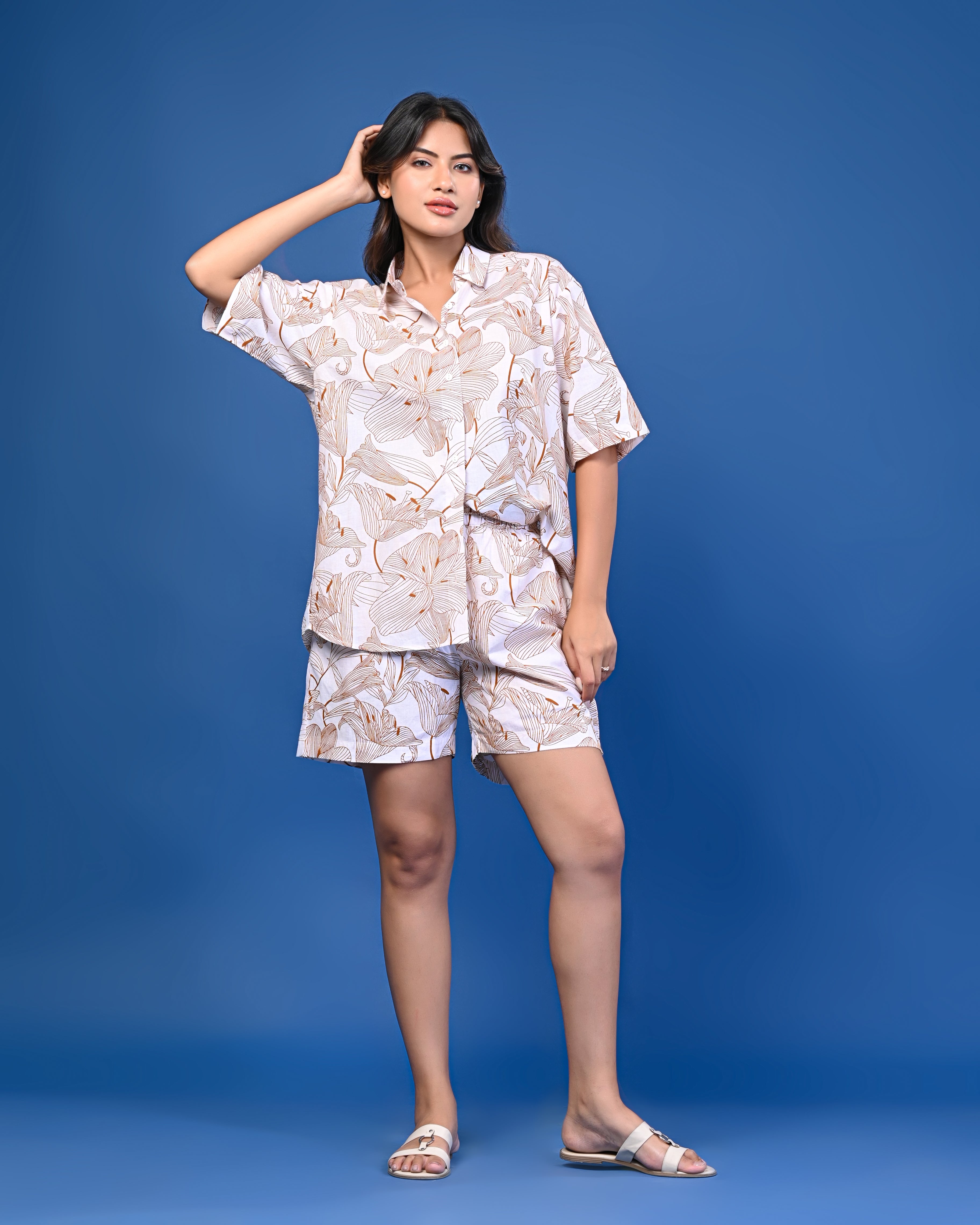 Beige & White Printed Co-ord Shorts Set