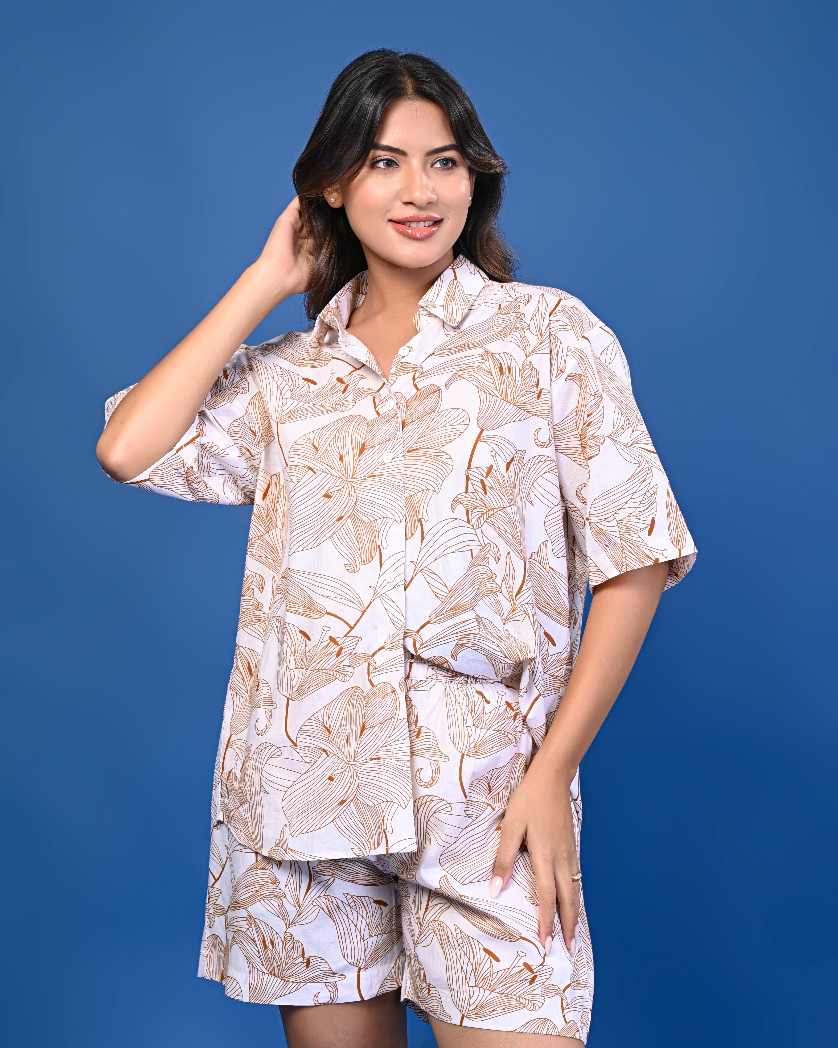 Beige & White Printed Co-ord Shorts Set