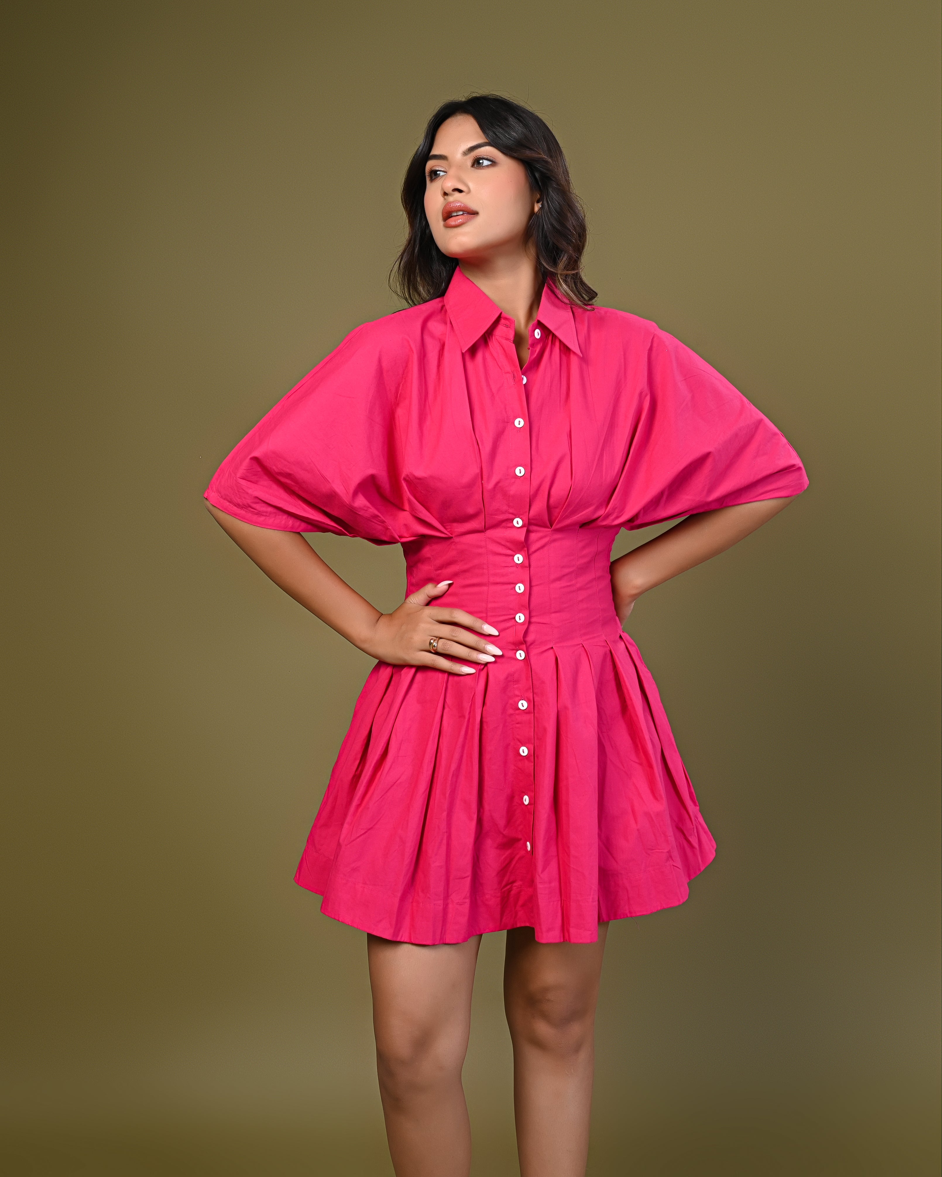 Short Buttoned A-Line Shirt Dress – Hot Pink