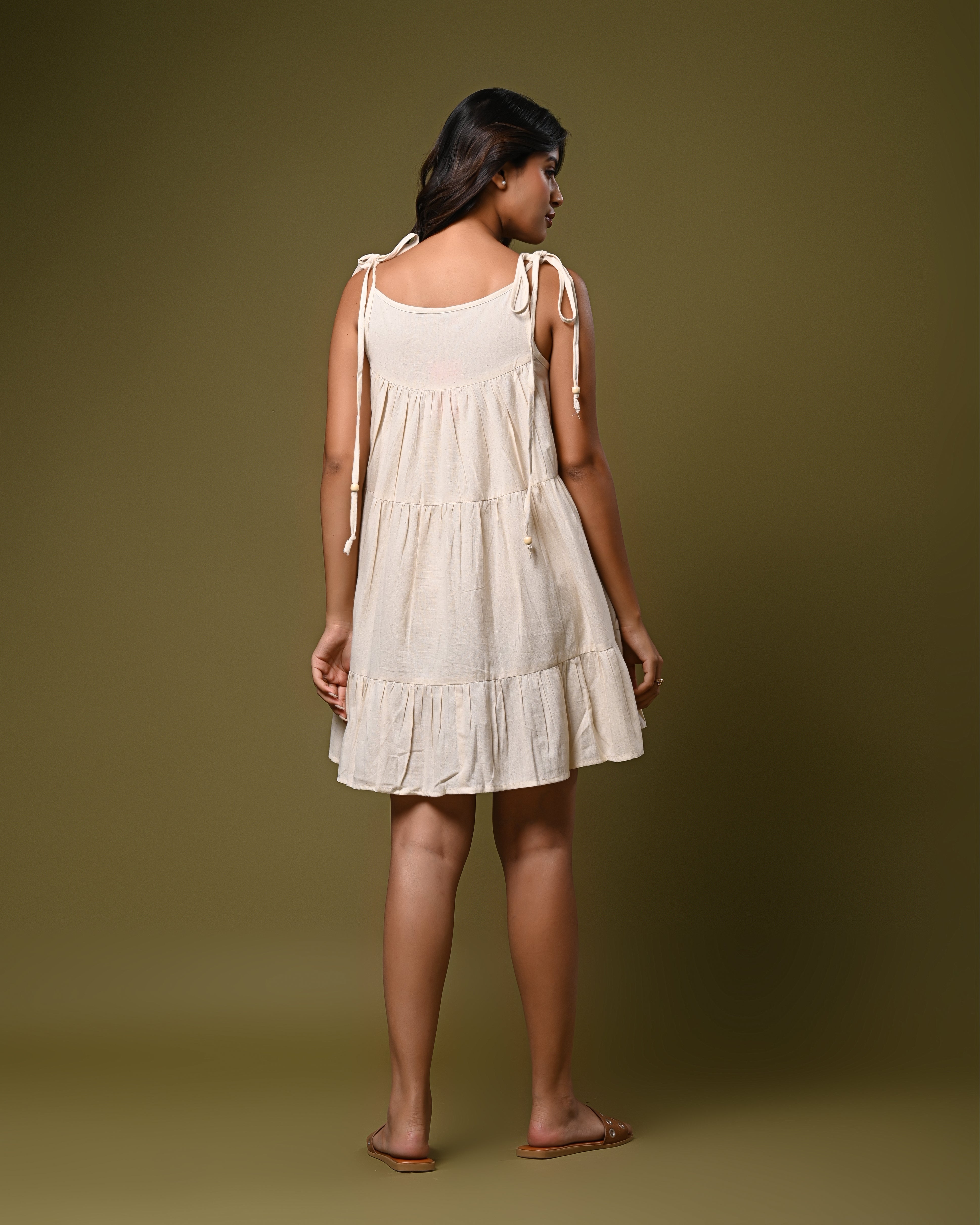 off-white Tiered Mini Dress with Tie-Up Straps