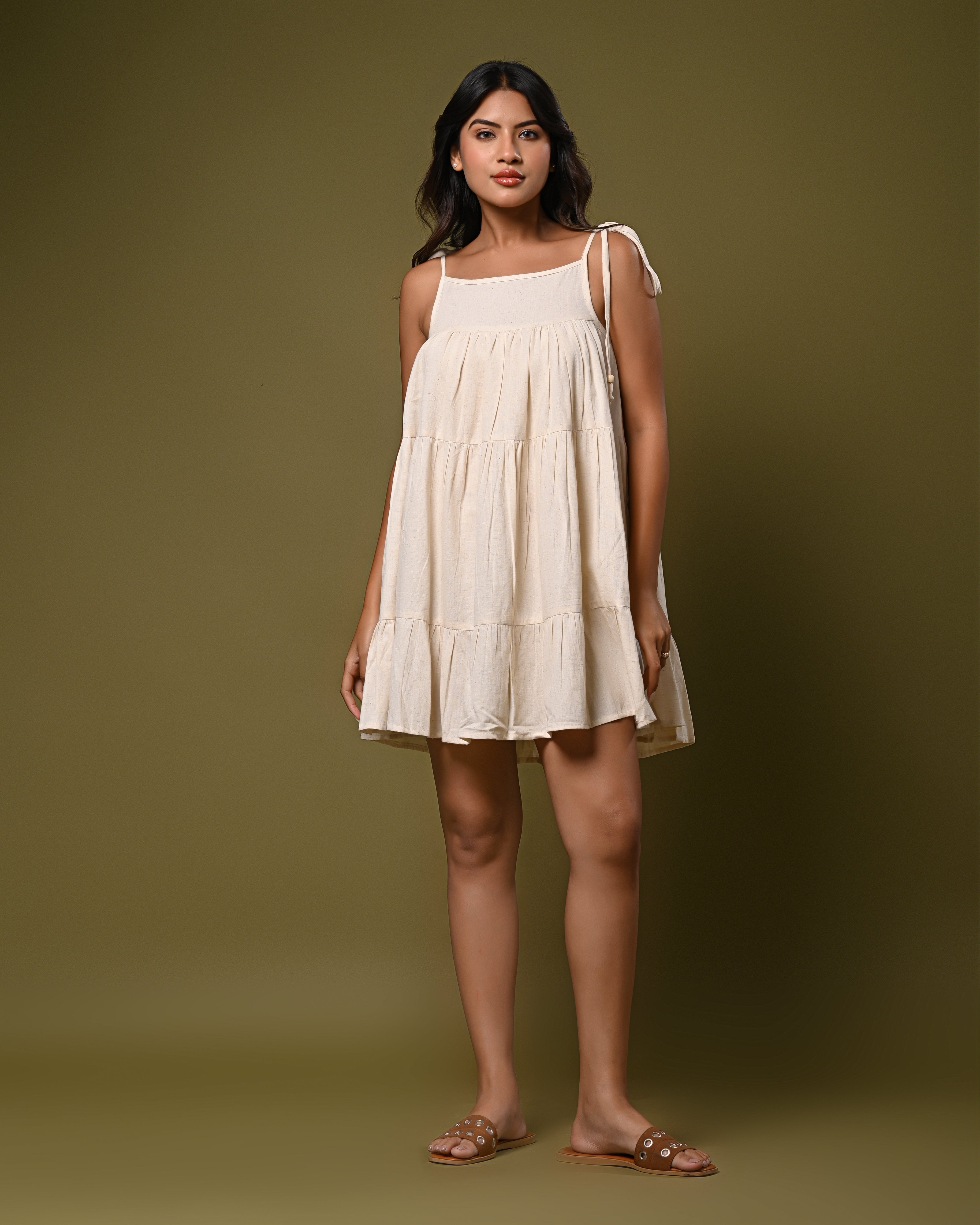 off-white Tiered Mini Dress with Tie-Up Straps