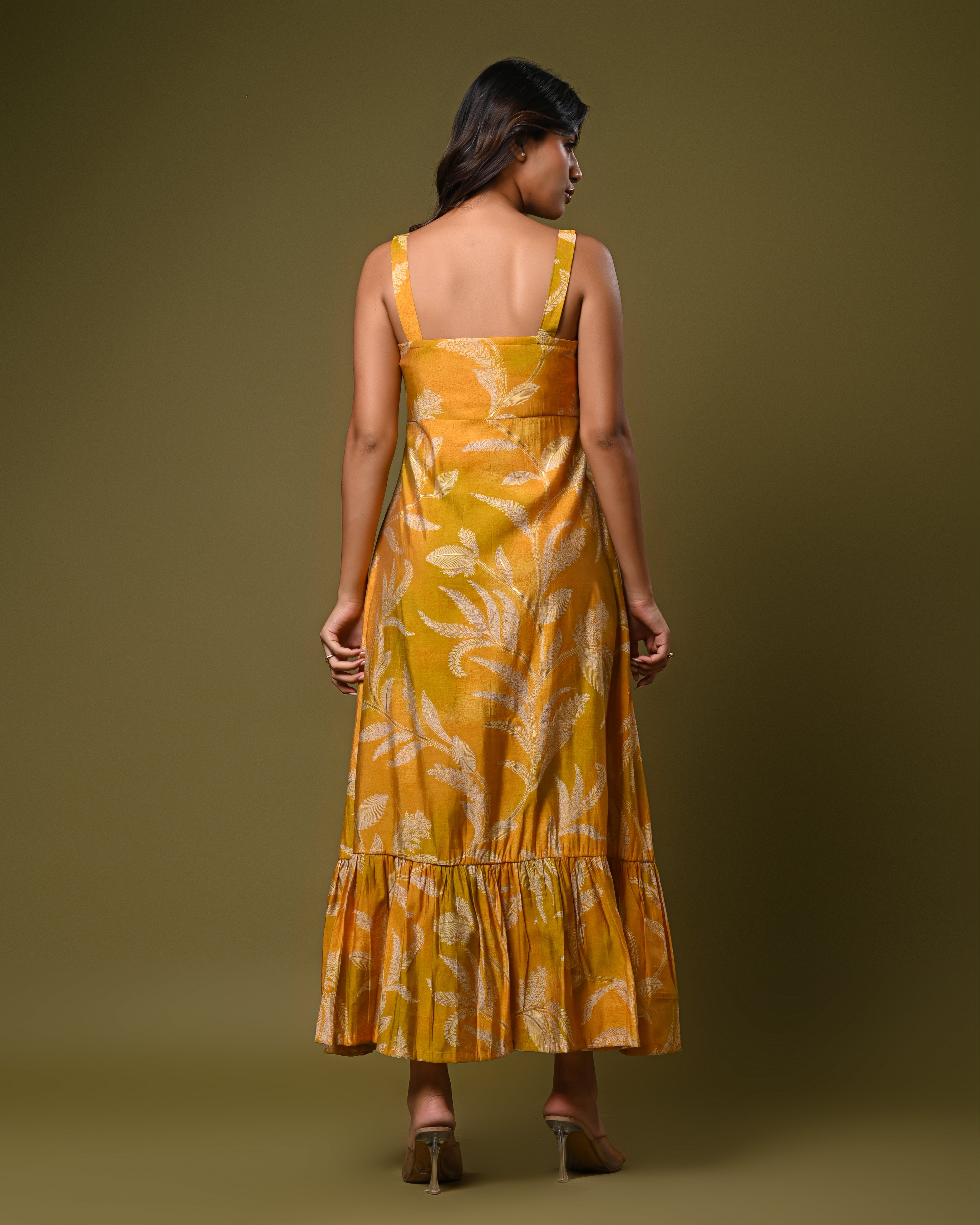 Tropical Print Tiered Midi Dress – Mustard Yellow