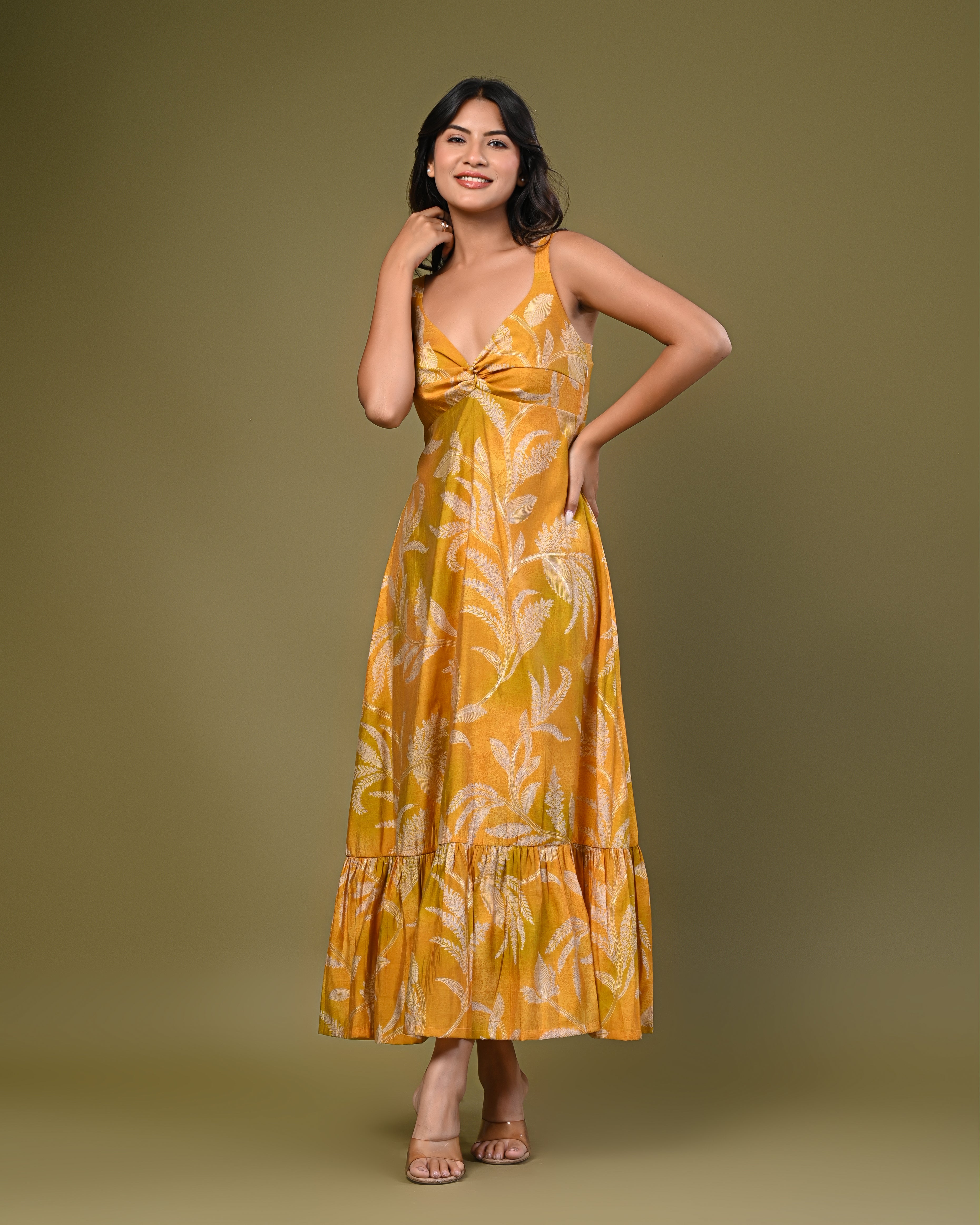 Tropical Print Tiered Midi Dress – Mustard Yellow