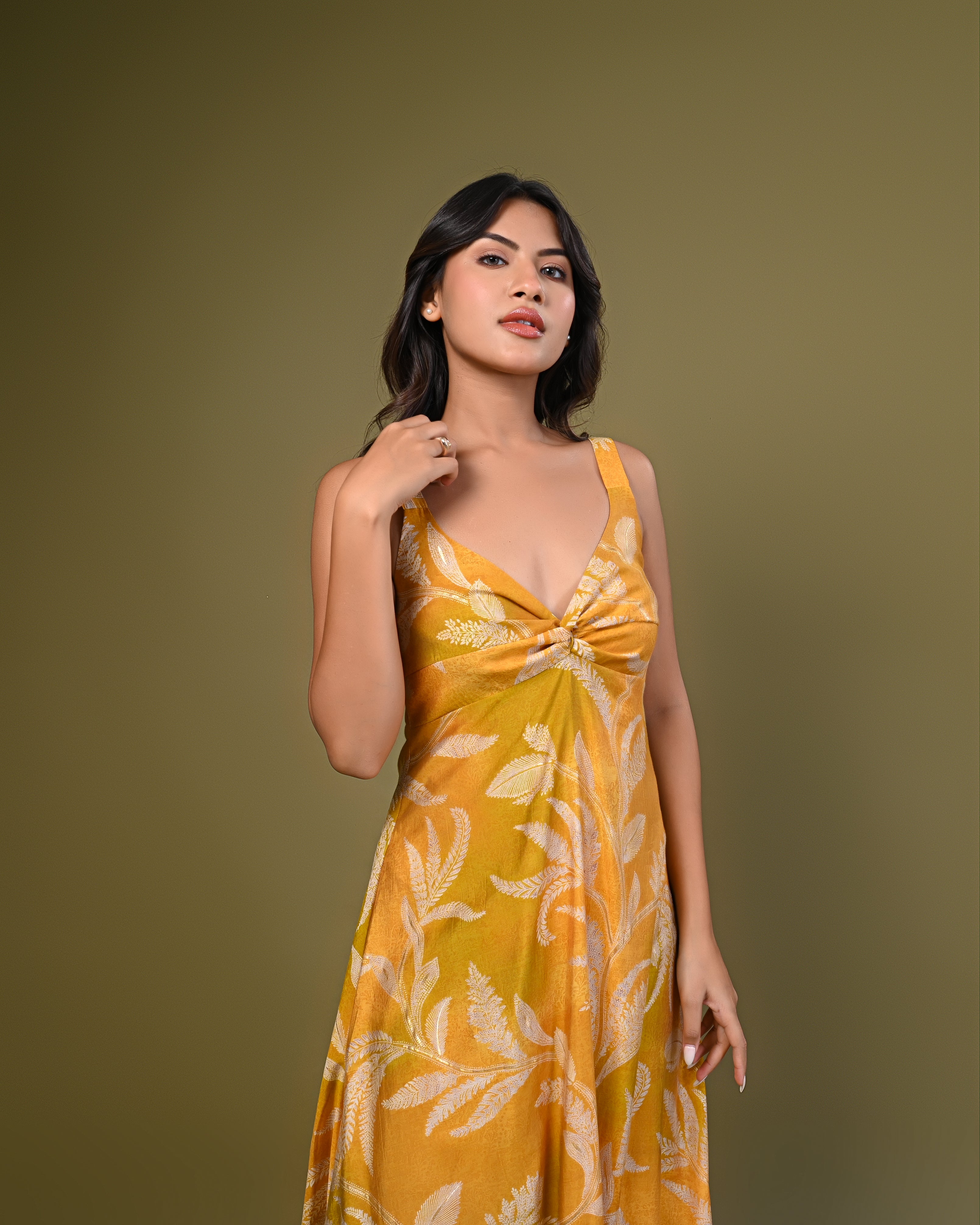 Tropical Print Tiered Midi Dress – Mustard Yellow