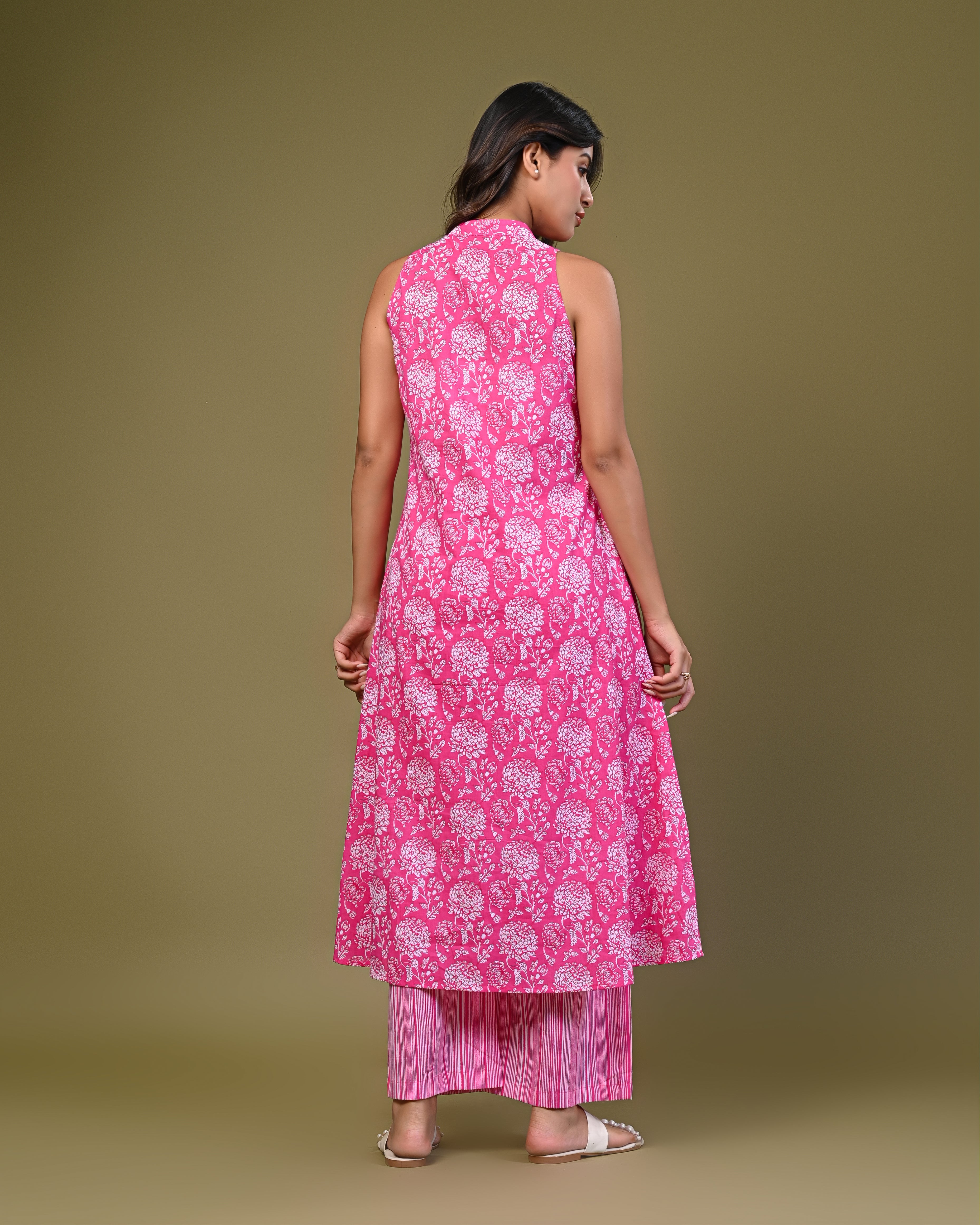 Pink Sleeveless Kurta with Printed Palazzo Set