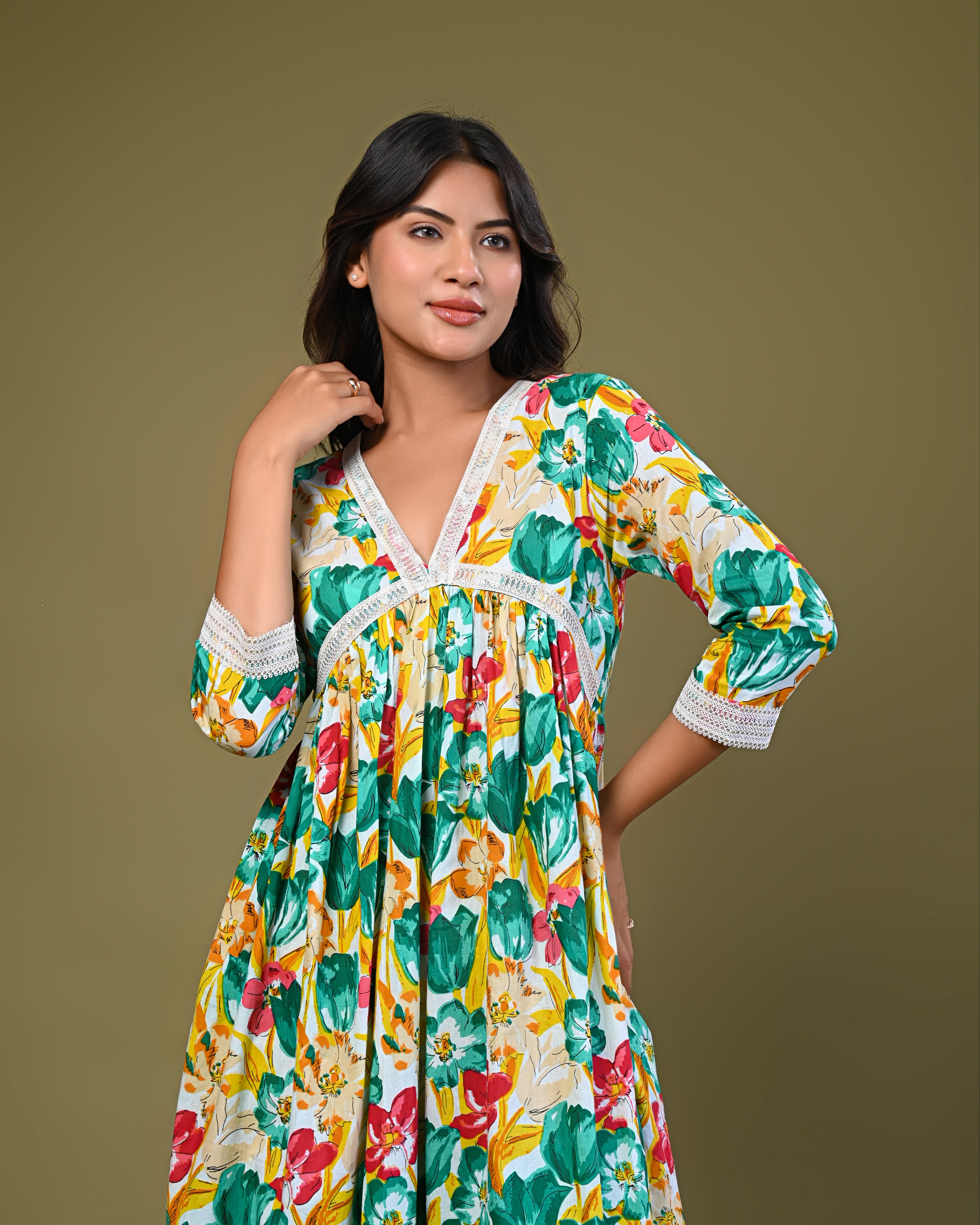 Women's Floral Printed A-Line Kurta Set with Lace Detailing