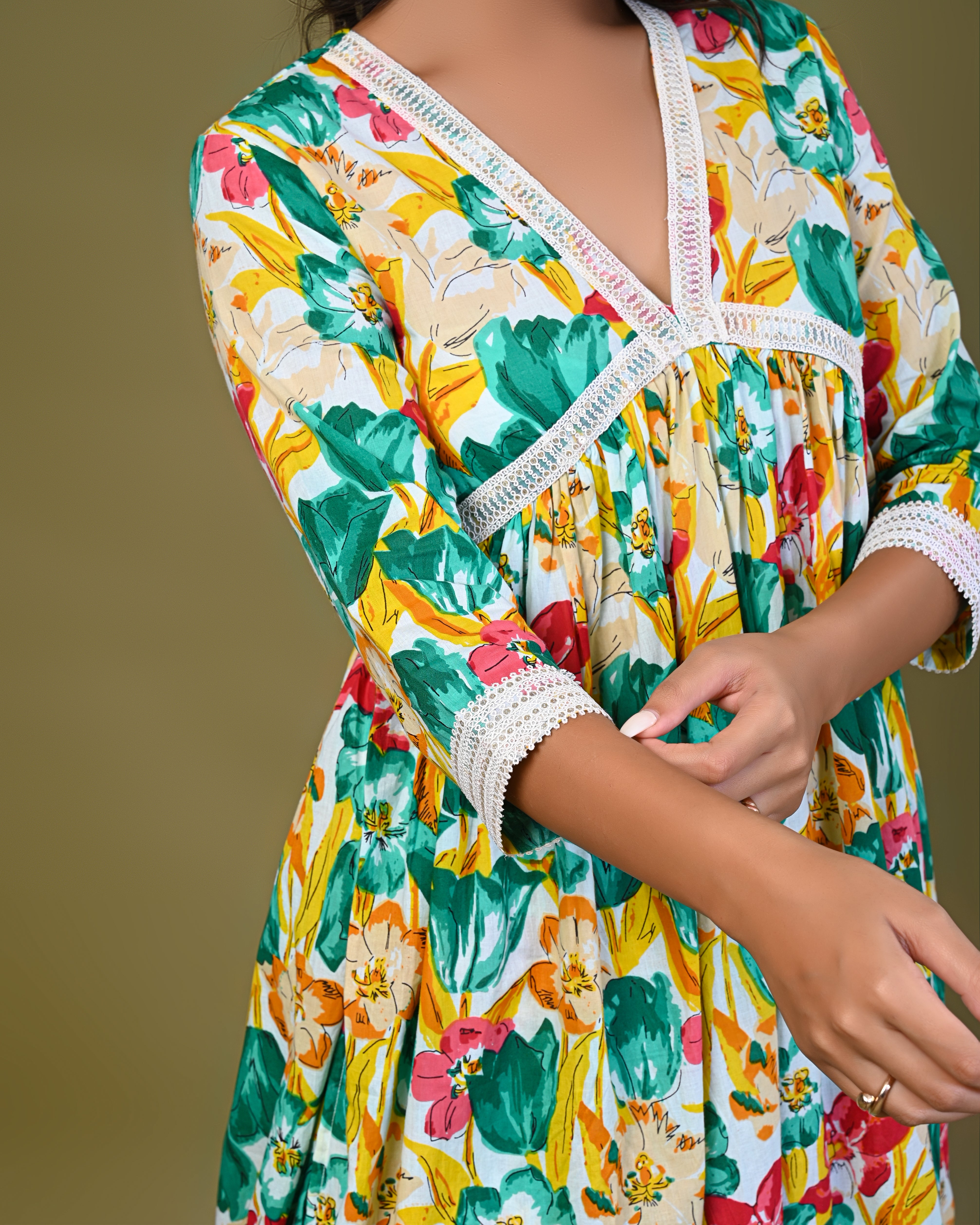 Women's Floral Printed A-Line Kurta Set with Lace Detailing