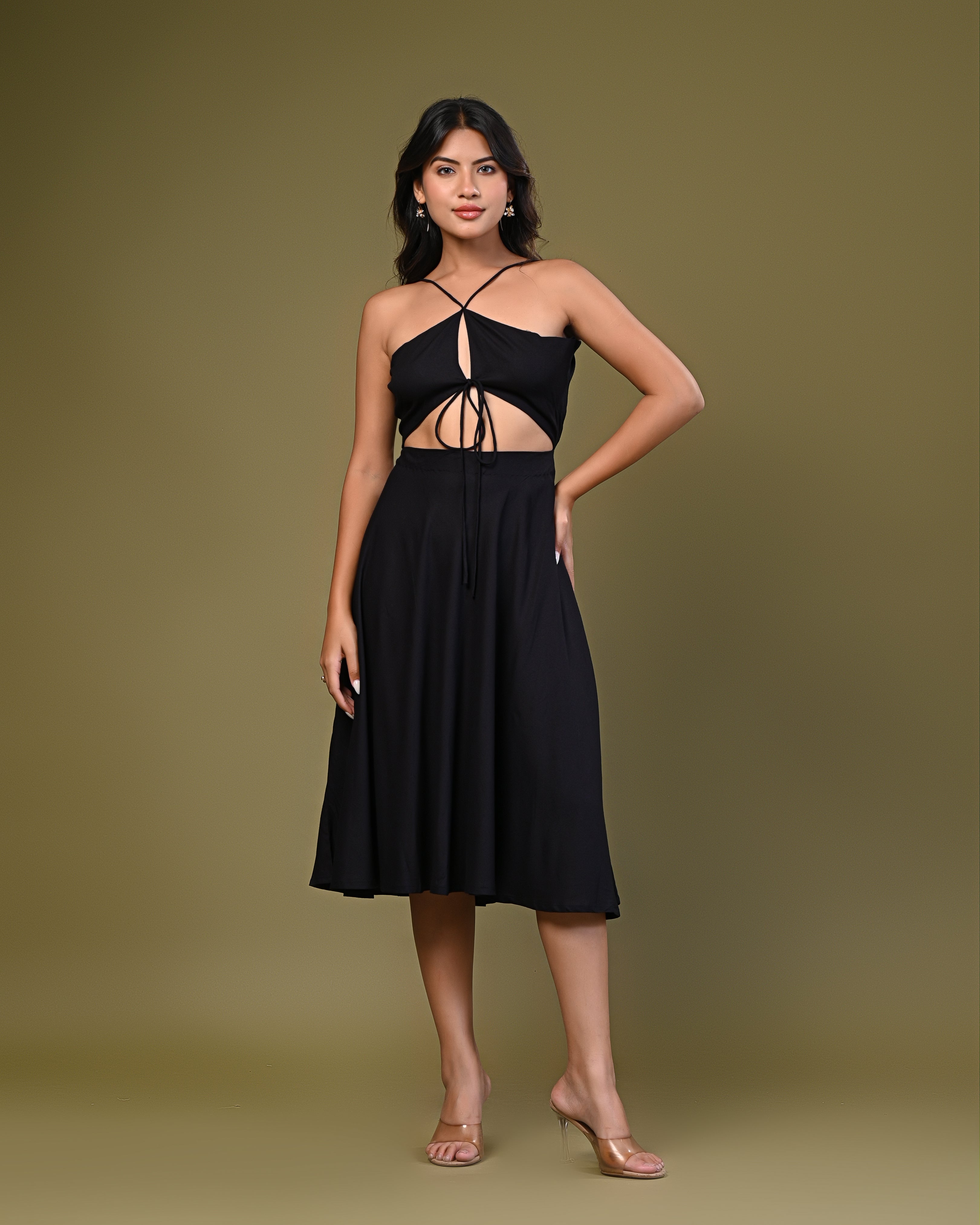 Women's Solid Black Cut-Out Midi Dress